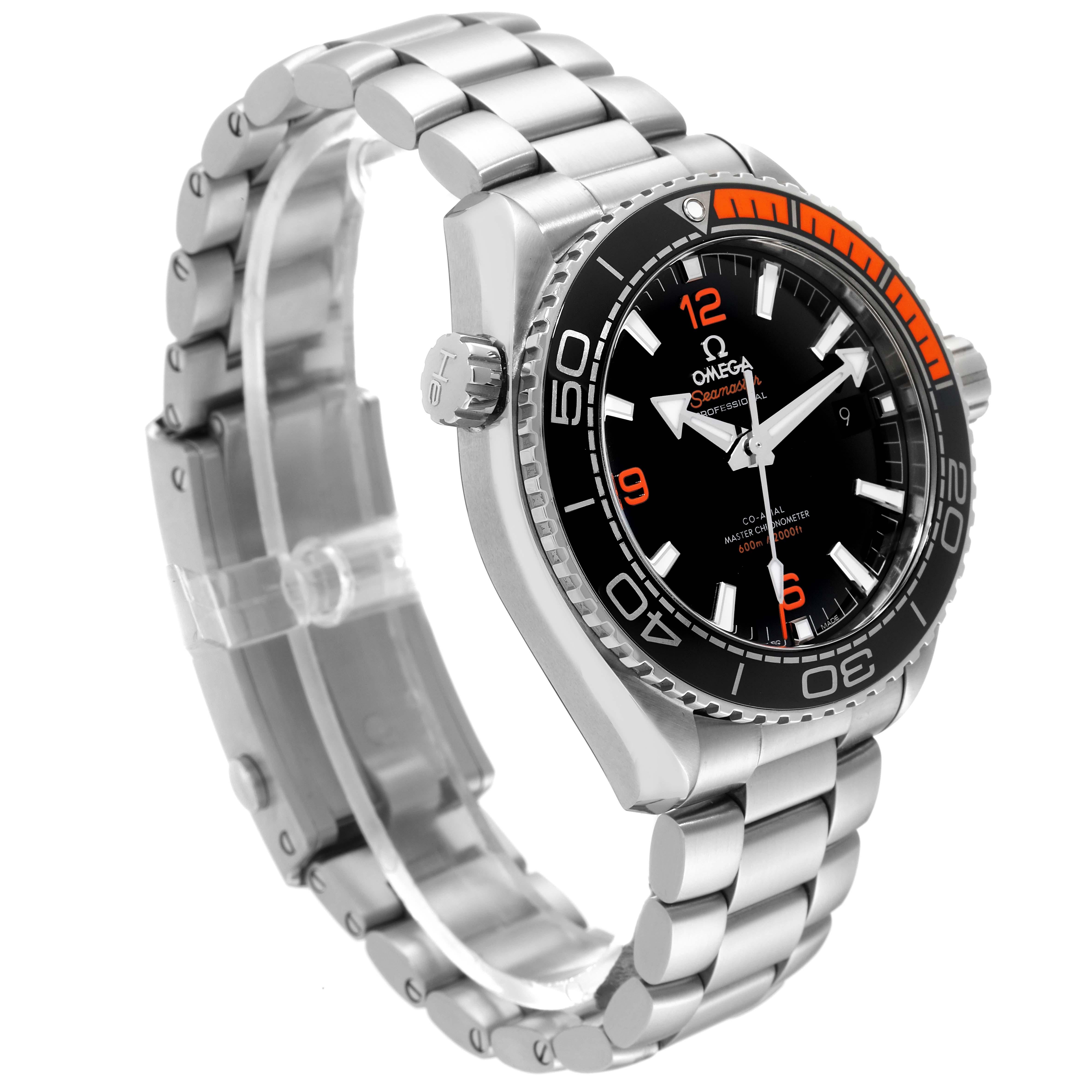 Omega Planet Ocean Black Orange Bezel Steel Watch 215.30.44.21.01.002 Box Card In Excellent Condition For Sale In Atlanta, GA