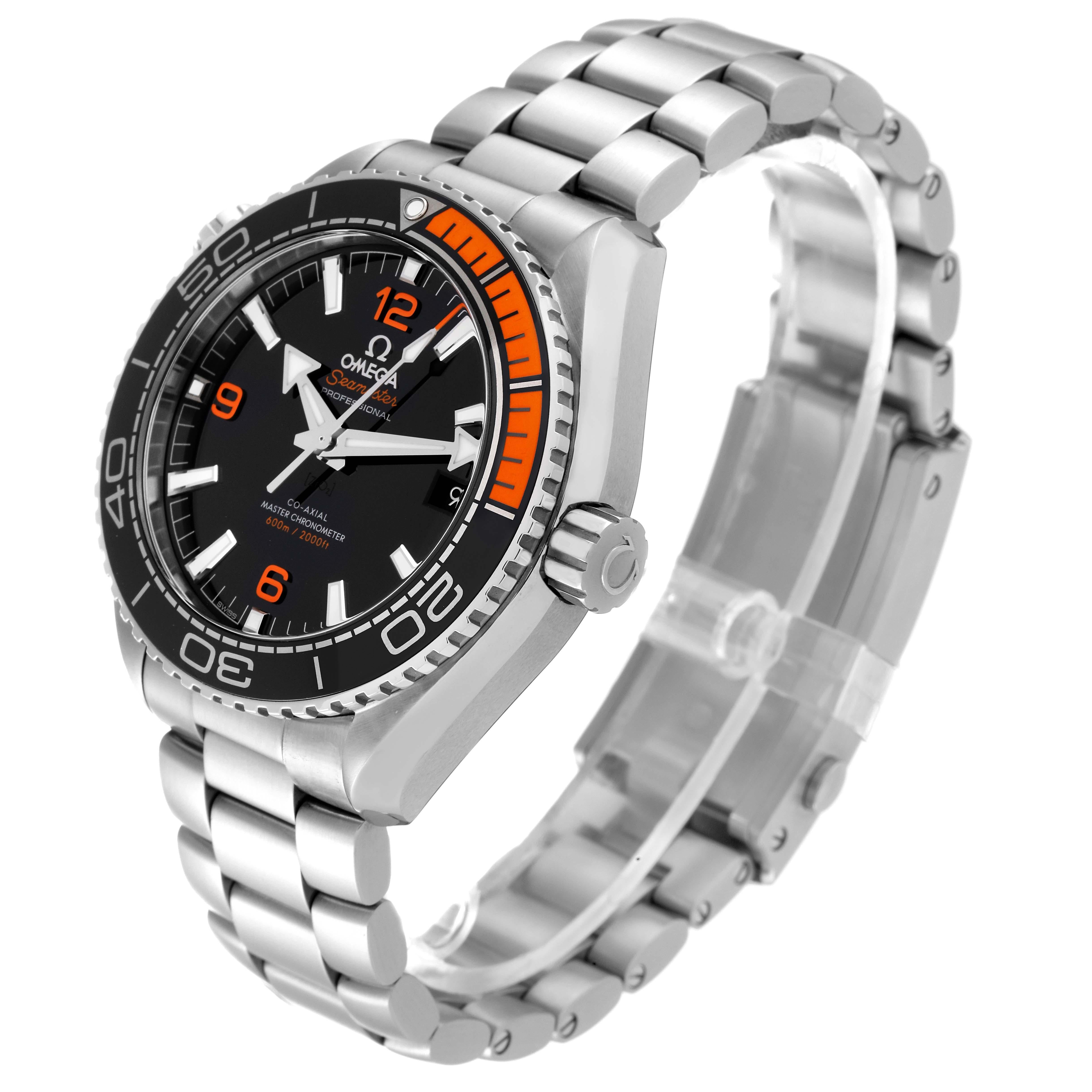 Men's Omega Planet Ocean Black Orange Bezel Steel Watch 215.30.44.21.01.002 Box Card For Sale