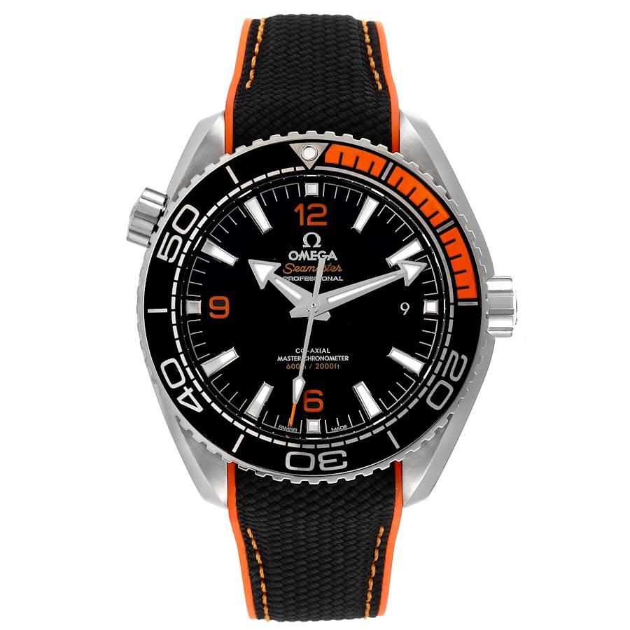Omega Planet Ocean Black Orange Bezel Watch 215.32.44.21.01.001 Box Card. Self-winding movement with Co-Axial escapement. Certified Master Chronometer, approved by METAS, resistant to magnetic fields reaching 15,000 gauss. Free sprung-balance with