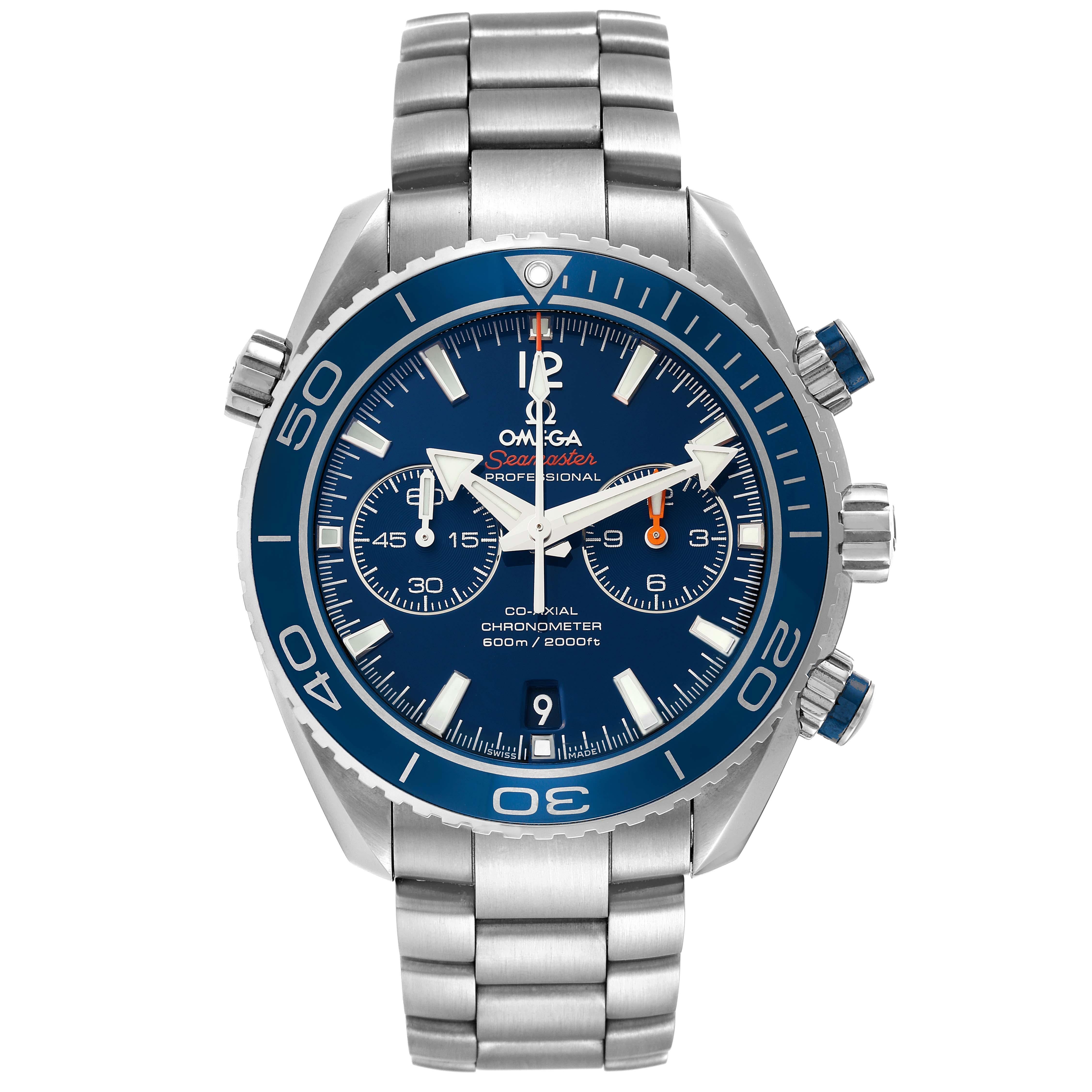 Omega Planet Ocean Chronograph Titanium Mens Watch 232.90.46.51.03.001 Box Card. Automatic self-winding chronometer movement with Co-Axial Escapement for greater precision, stability and durability. Silicon balance spring on free sprung balance, 2
