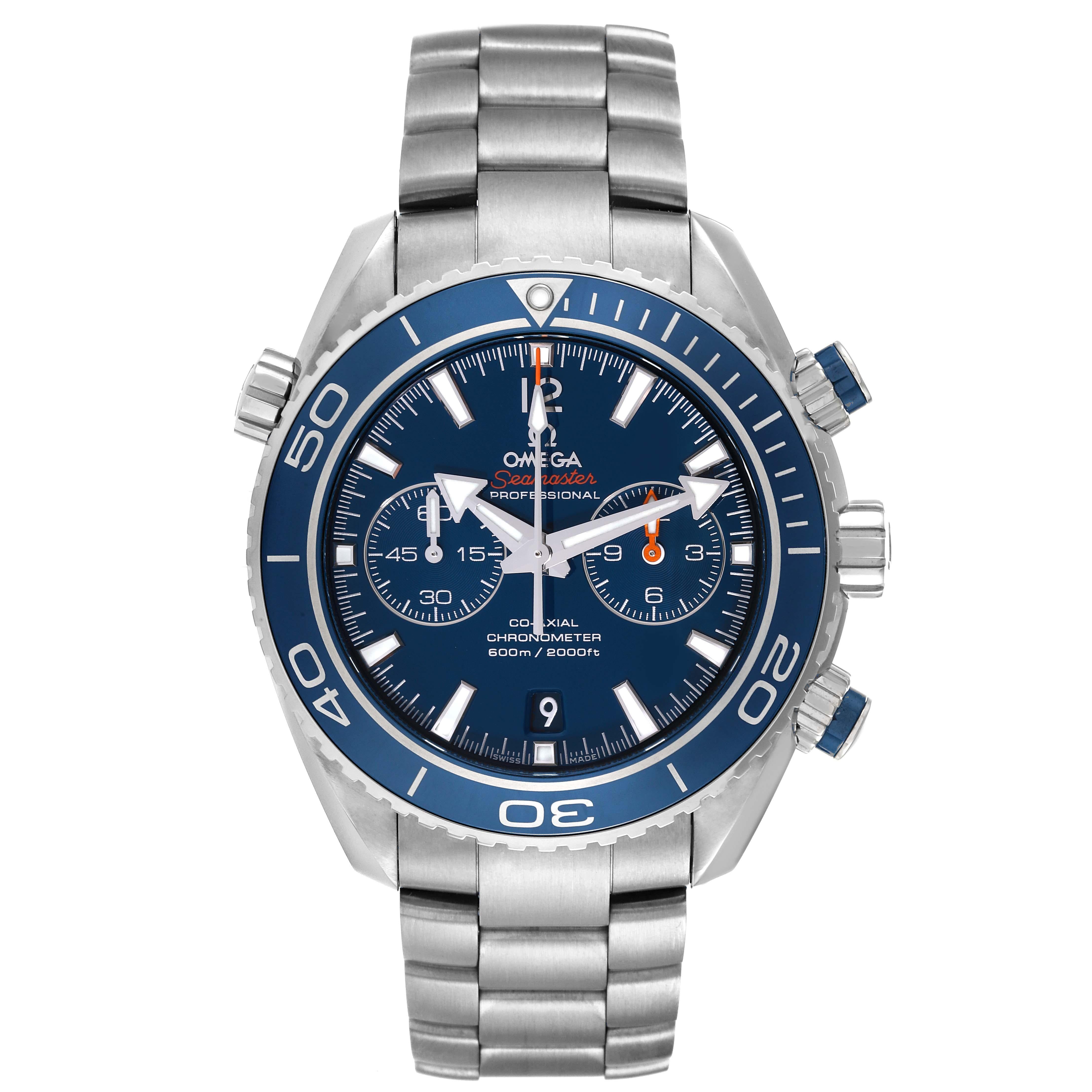 Omega Planet Ocean Chronograph Titanium Mens Watch 232.90.46.51.03.001 Box Card. Automatic self-winding chronometer movement with Co-Axial Escapement for greater precision, stability and durability. Silicon balance spring on free sprung balance, 2