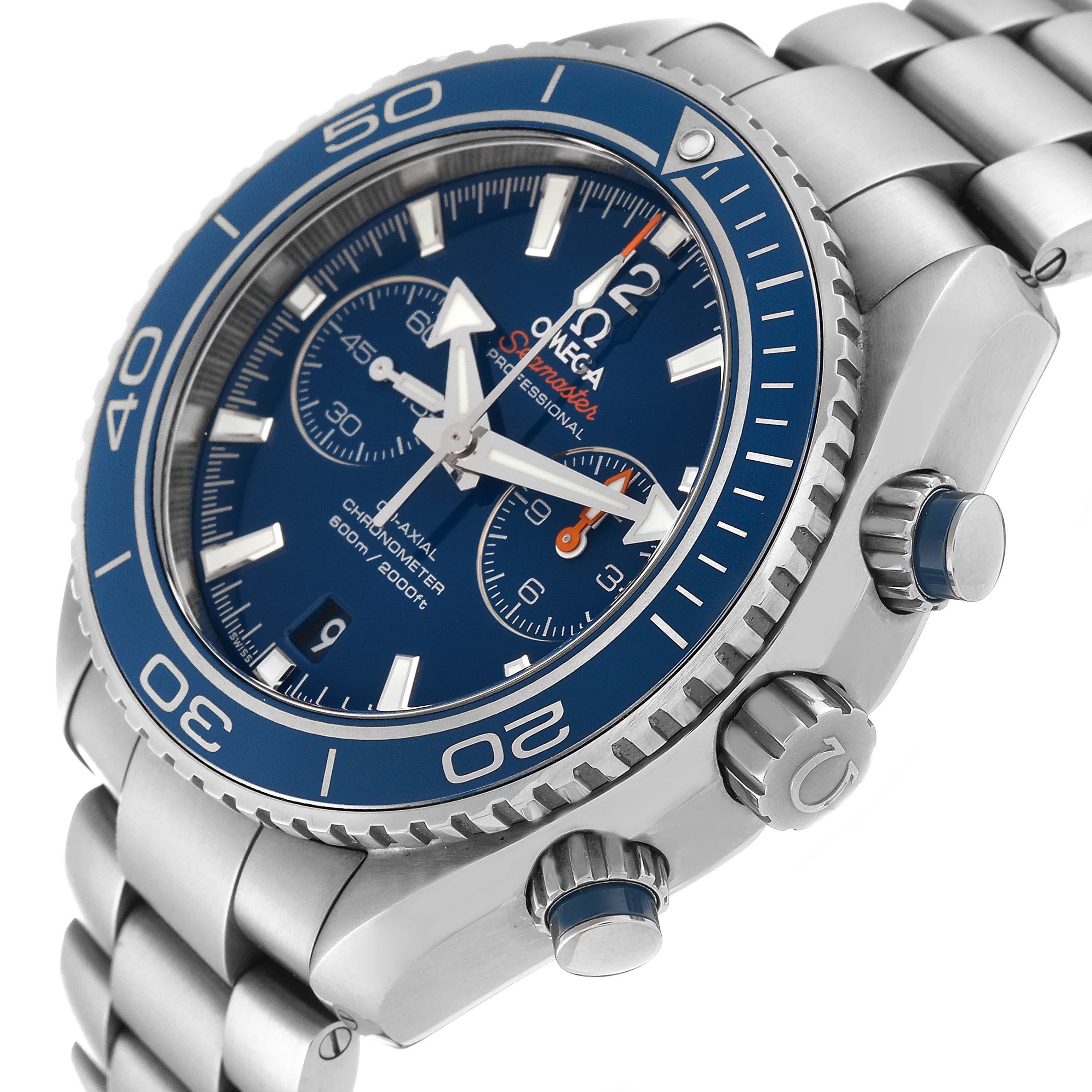 Omega Planet Ocean Chronograph Titanium Mens Watch 232.90.46.51.03.001 Box Card. Automatic self-winding chronometer movement with Co-Axial Escapement for greater precision, stability, and durability. Silicon balance spring on free sprung balance, 2