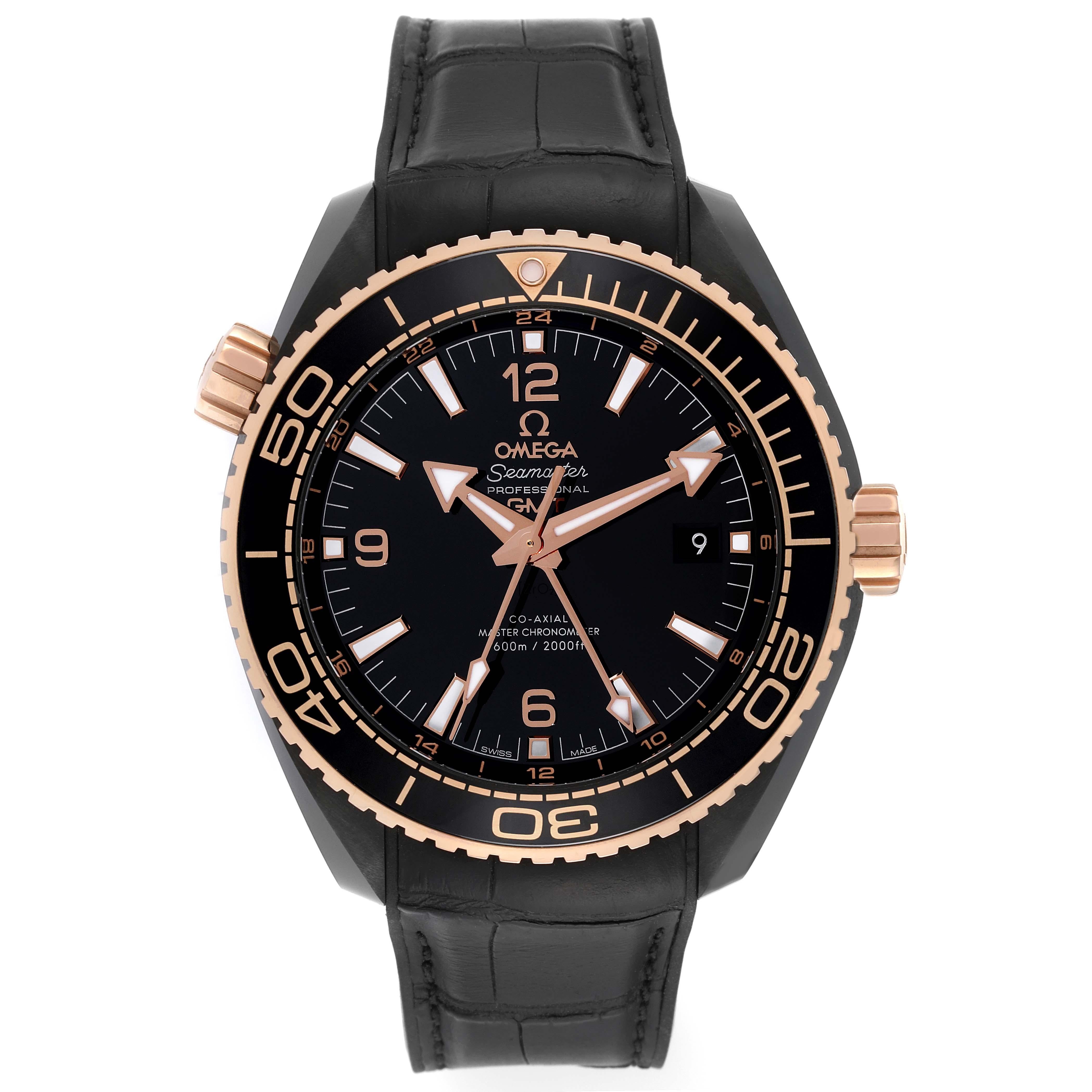 Omega Planet Ocean Deep Black Ceramic GMT Watch 215.63.46.22.01.001 Box Card. Automatic self-winding movement with Co-Axial escapement. Certified Master Chronometer, approved by METAS,resistant to magnetic fields reaching 15,000 gauss. GMTand time