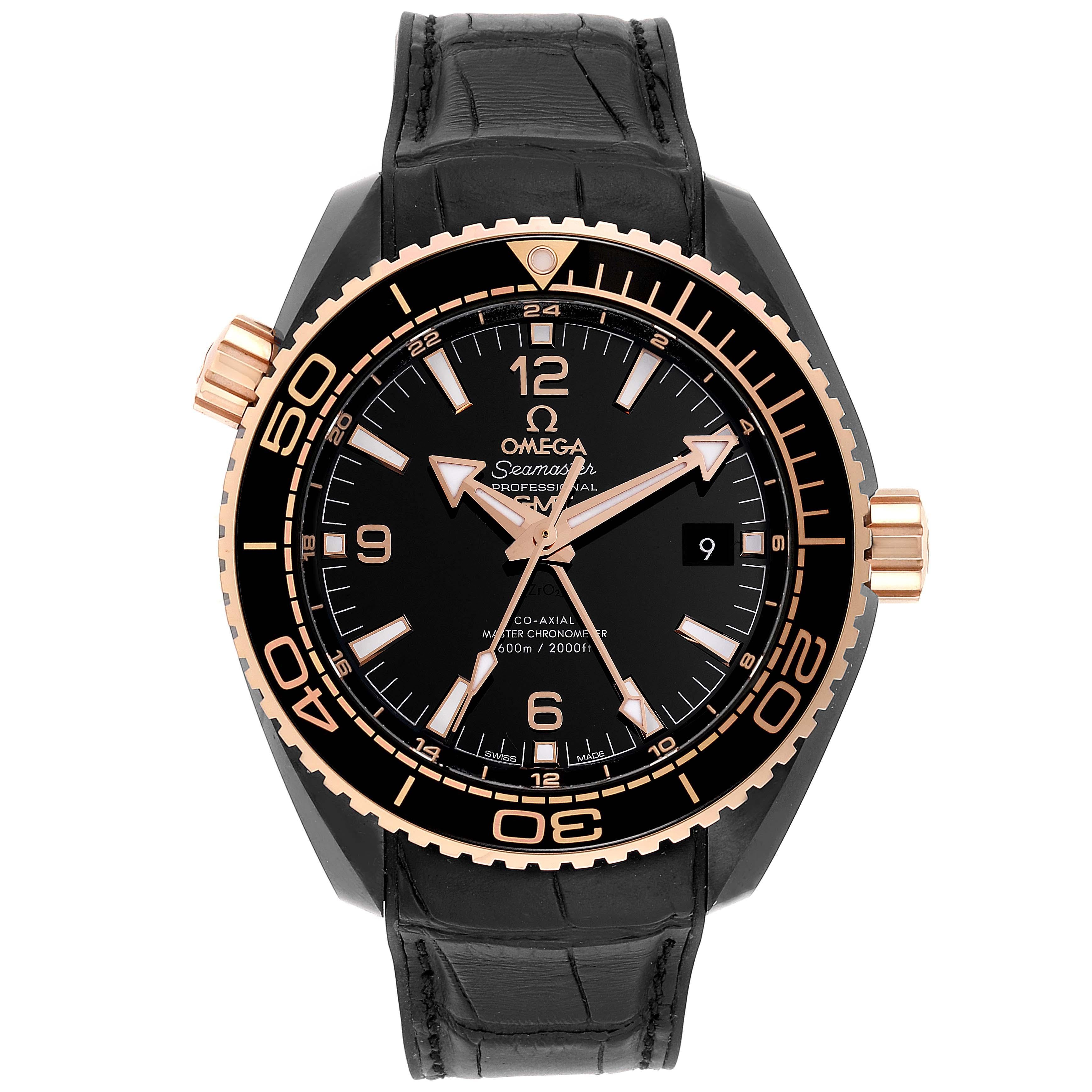 Omega Planet Ocean Deep Black Ceramic GMT Watch 215.63.46.22.01.001 Unworn. Automatic self-winding movement with Co-Axial escapement. Certified Master Chronometer, approved by METAS,resistant to magnetic fields reaching 15,000 gauss. GMTand time