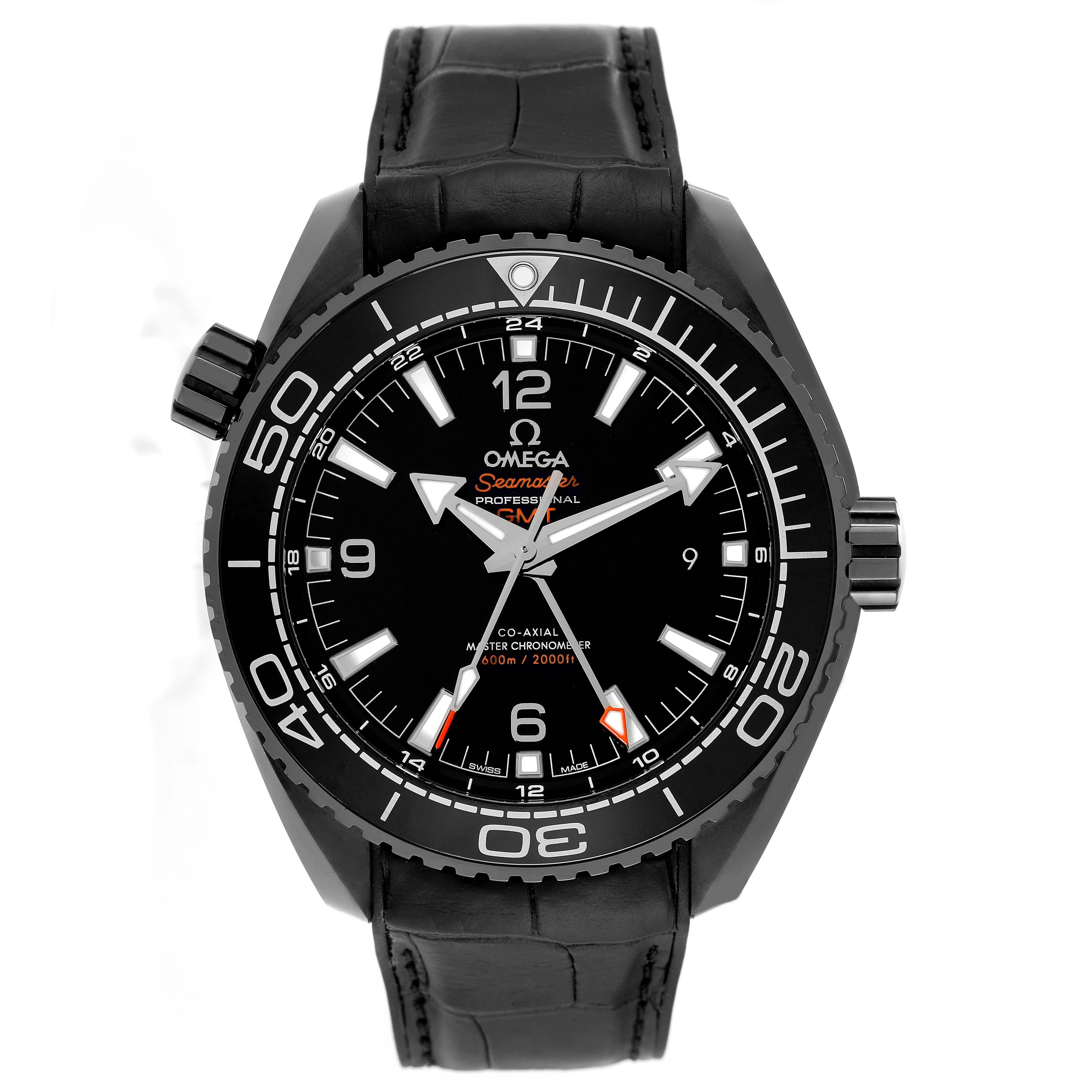 Omega Planet Ocean GMT Ceramic Mens Watch 215.92.46.22.01.001 Box Card. Automatic self-winding movement with Co-Axial escapement. Certified Master Chronometer, approved by METAS,resistant to magnetic fields reaching 15,000 gauss. GMT and time zone