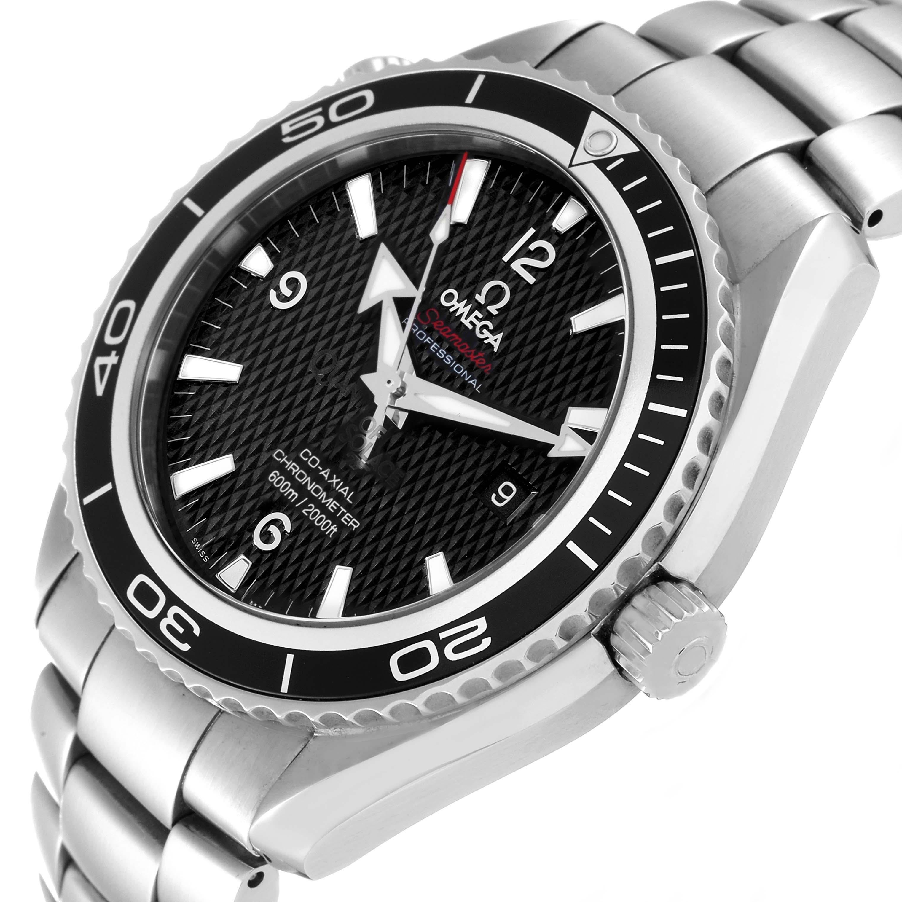 Omega Planet Ocean Quantum Solace Limited Edition Steel Mens Watch 222.30.46.20.01.001 Card. Automatic self-winding chronograph movement. Stainless steel round case 45.5 mm in diameter. Caseback is embossed with the 007 logo. Black uni-directional