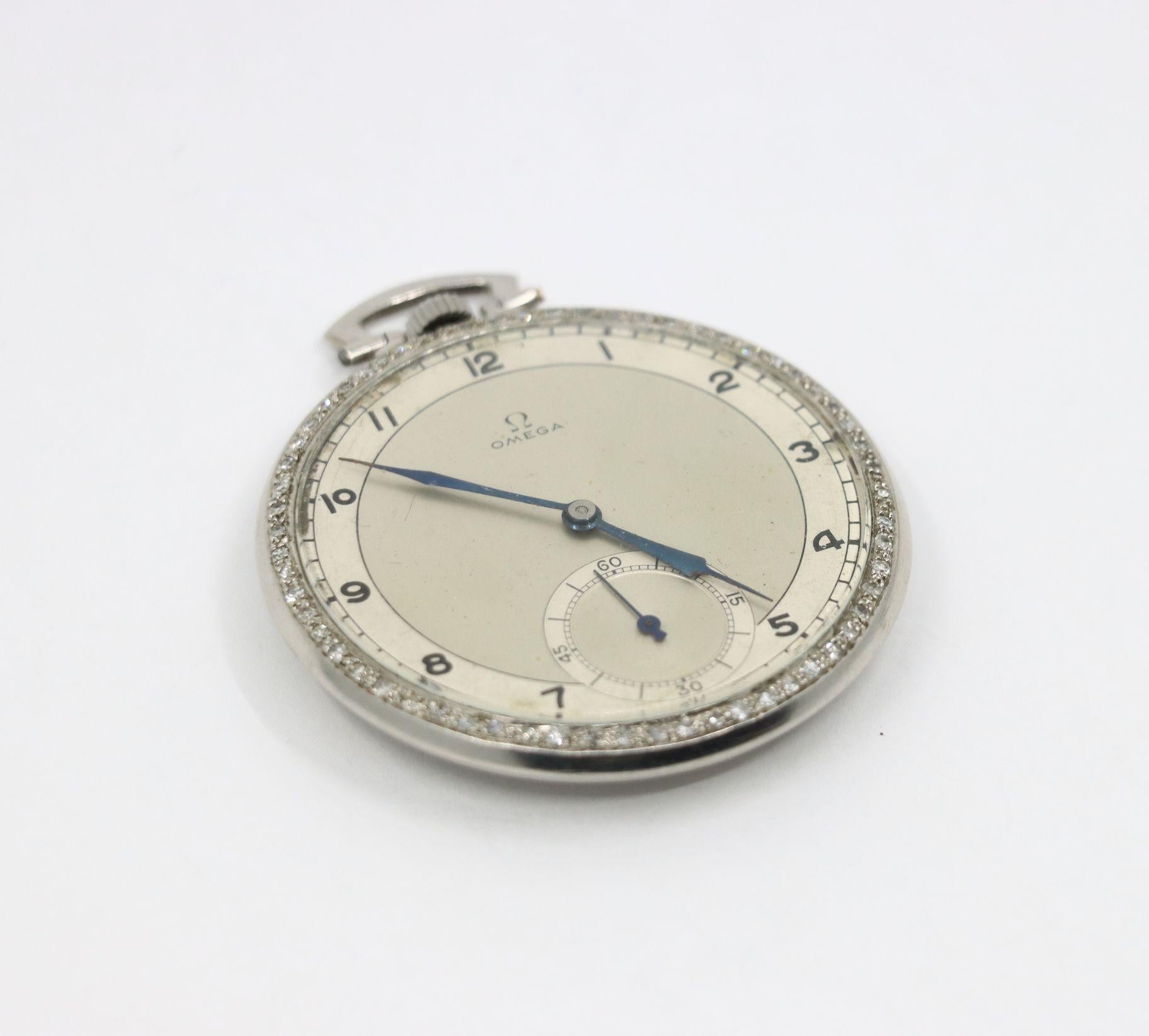 Round Cut OMEGA Platinum Diamond Pocket Watch For Sale