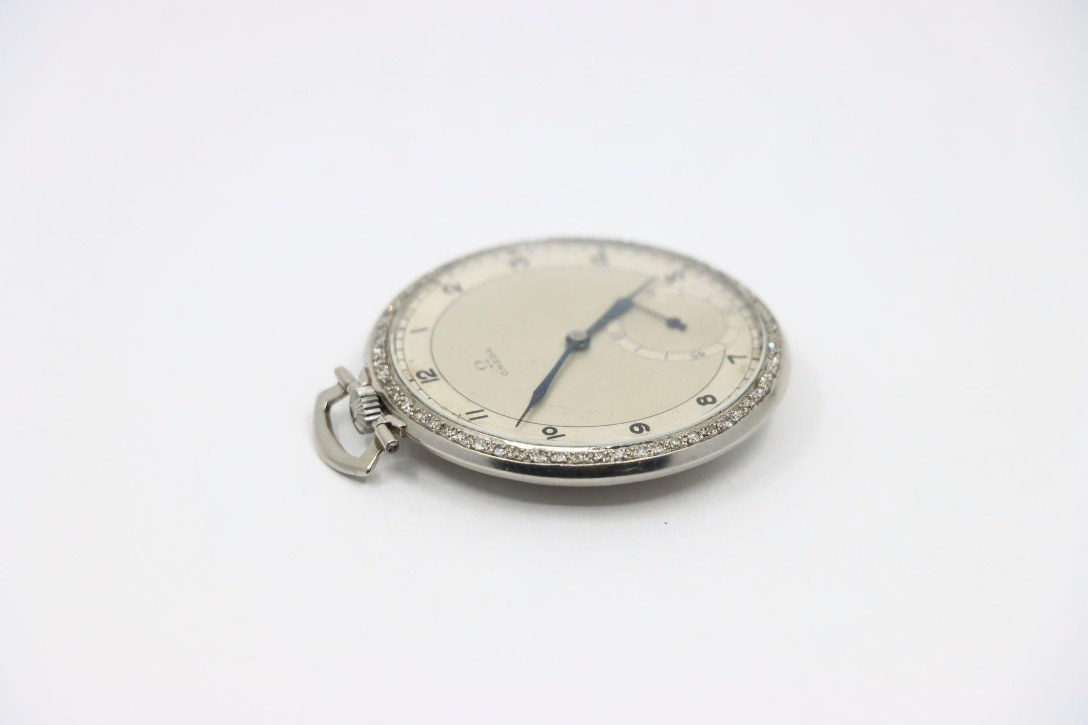 OMEGA Platinum Diamond Pocket Watch In Good Condition For Sale In Flushing, NY