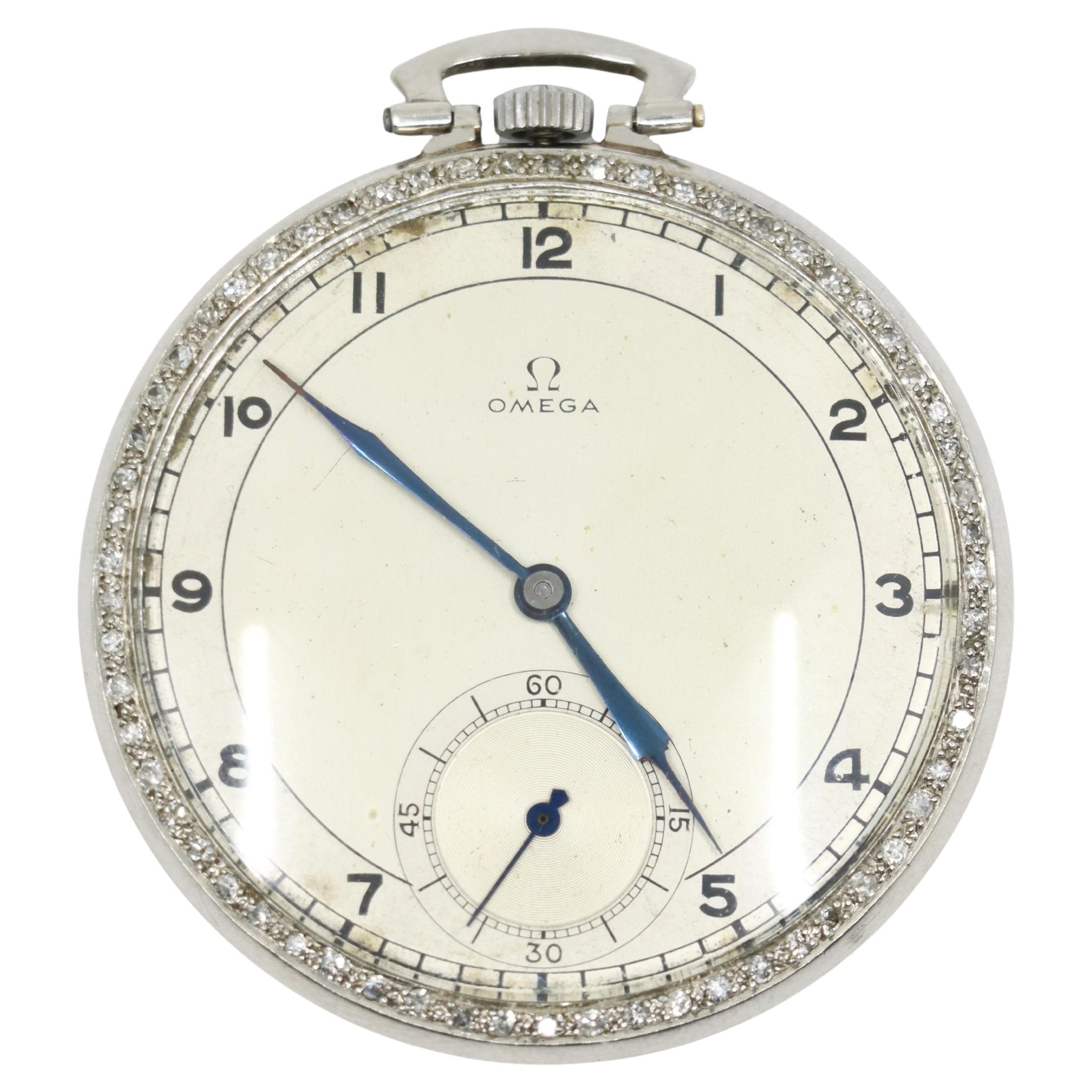 OMEGA Platinum Diamond Pocket Watch For Sale