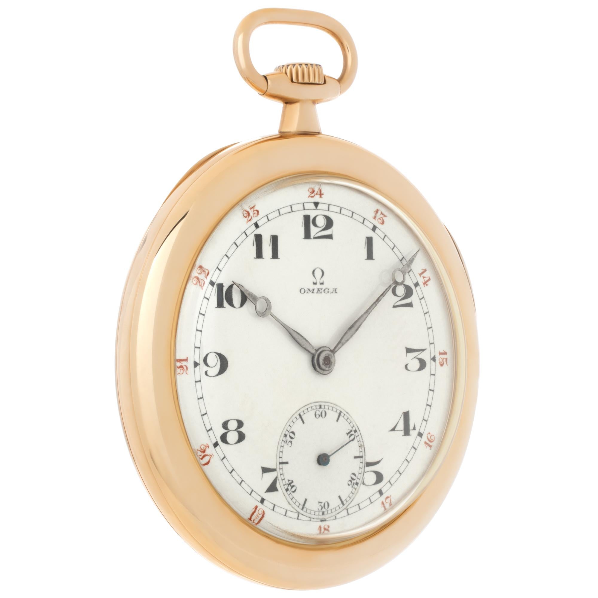 Omega pocket watch in 18k yellow gold with cream dial. Manual with sub-seconds dial. 47 mm case size. Fine Pre-owned Omega Watch. Certified preowned Vintage Omega pocket watch watch is made out of yellow gold. This Omega watch has a 47  x 47 mm 