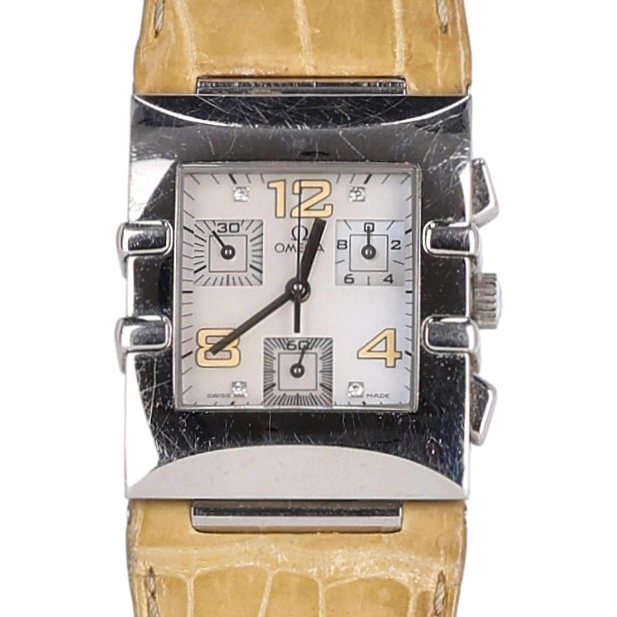 Square Cut Omega Quadra Constellation Chronograph Diamond Watch For Sale