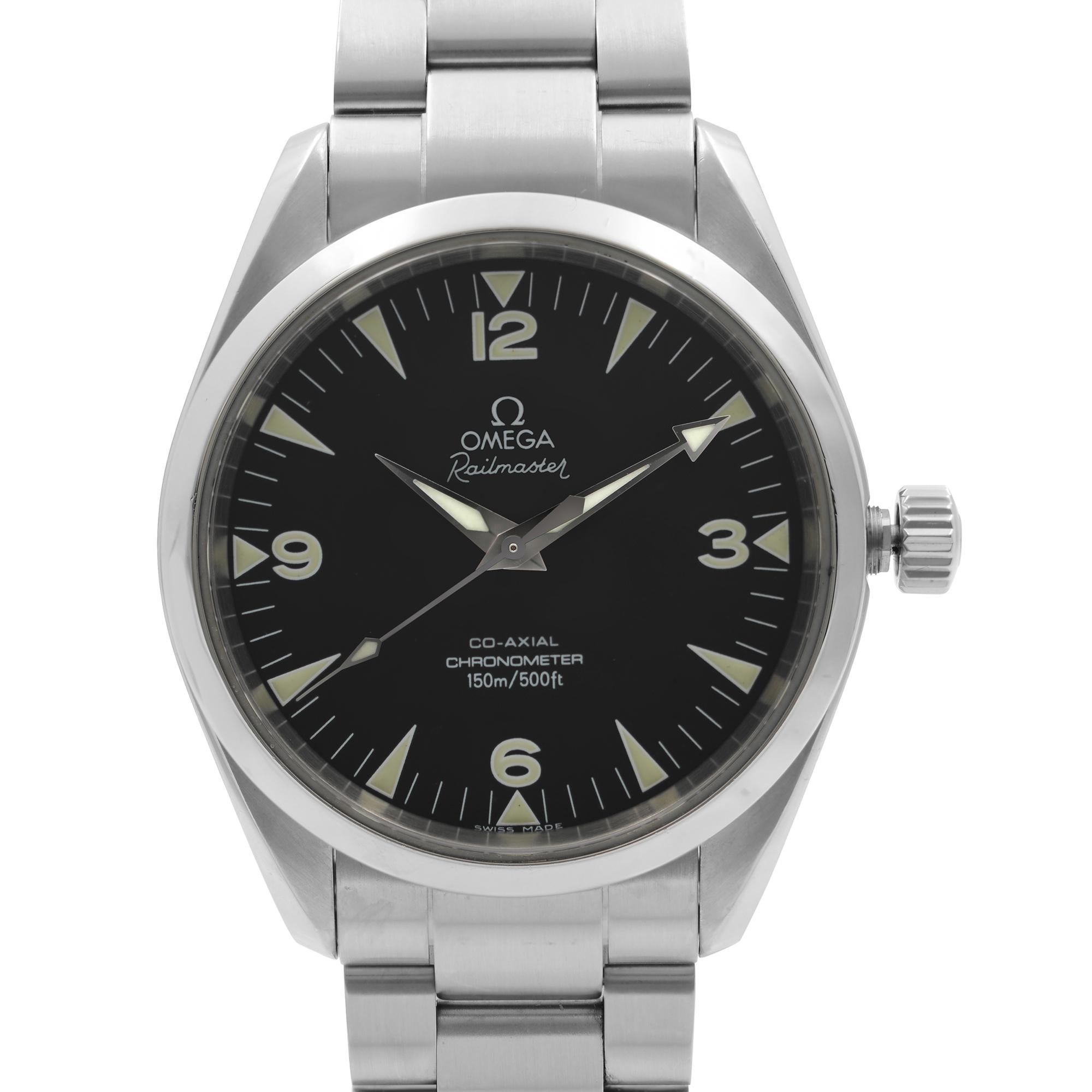 Pre Owned Omega Railmaster Chronometer 38mm Stainless Steel Black Dial Automatic Men's Watch 2803.52.37. This Beautiful Timepiece is Powered by Mechanical (Automatic) Movement And Features: Round Stainless Steel Case & Bracelet, Fixed Stainless