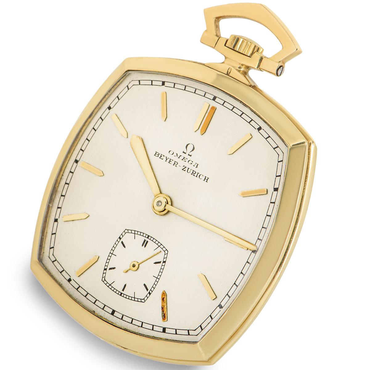 A rare Omega yellow gold double signed square open face pocket watch, C1930.

Dial: The beautiful original silver dial double signed Omega Beyer- Zurich who was the retailer. The unusual gold spade like hands with gold batons and subsidiary seconds