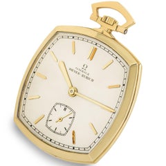 Omega Rare Yellow Gold Double Signed Dial Square Open Face Pocket Watch