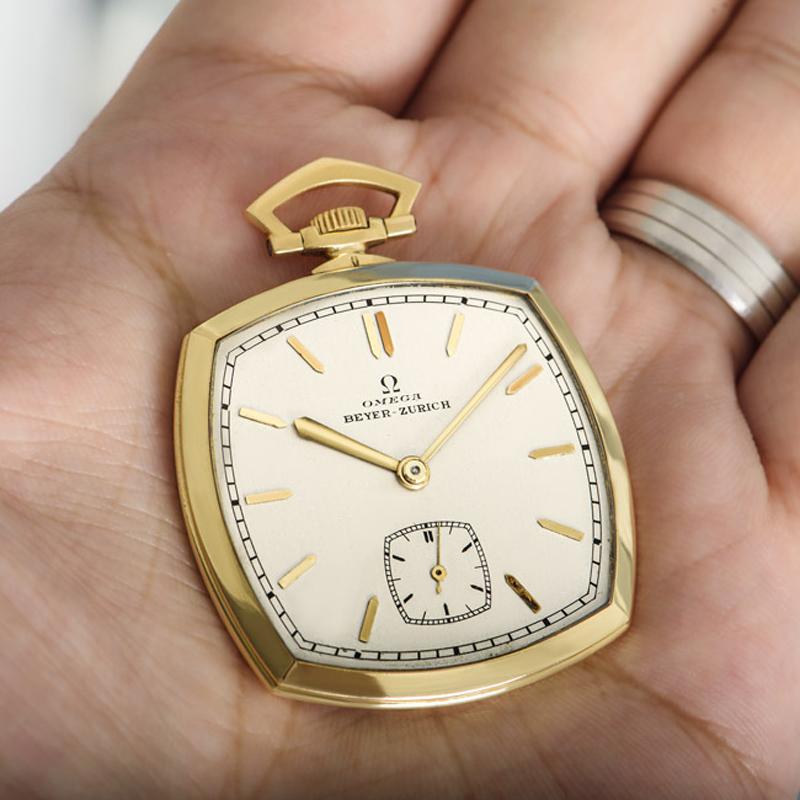 Omega Rare Yellow Gold Double Signed Dial Square Open Face Pocket Watch For Sale 2