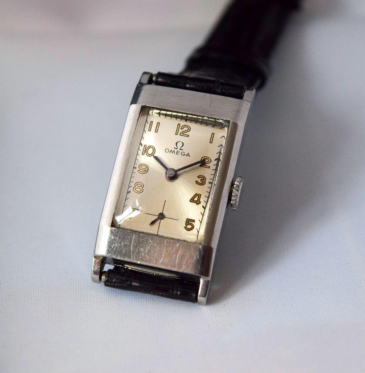 Omega Rechteckige, einzigartige Uhr mit Stahlgehäuse, seltenes Beispiel für Damen oder Herren