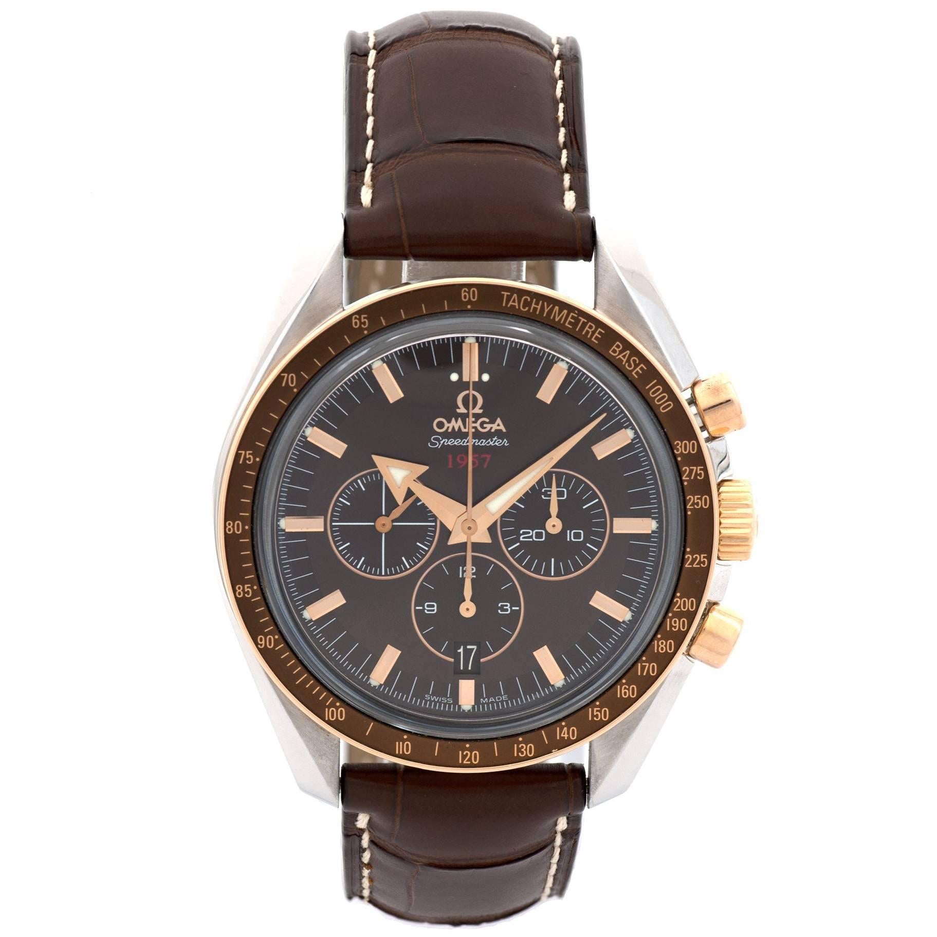 Omega Red Gold Stainless Steel Speedmaster Broad Arrow Chronograph Wristwatch