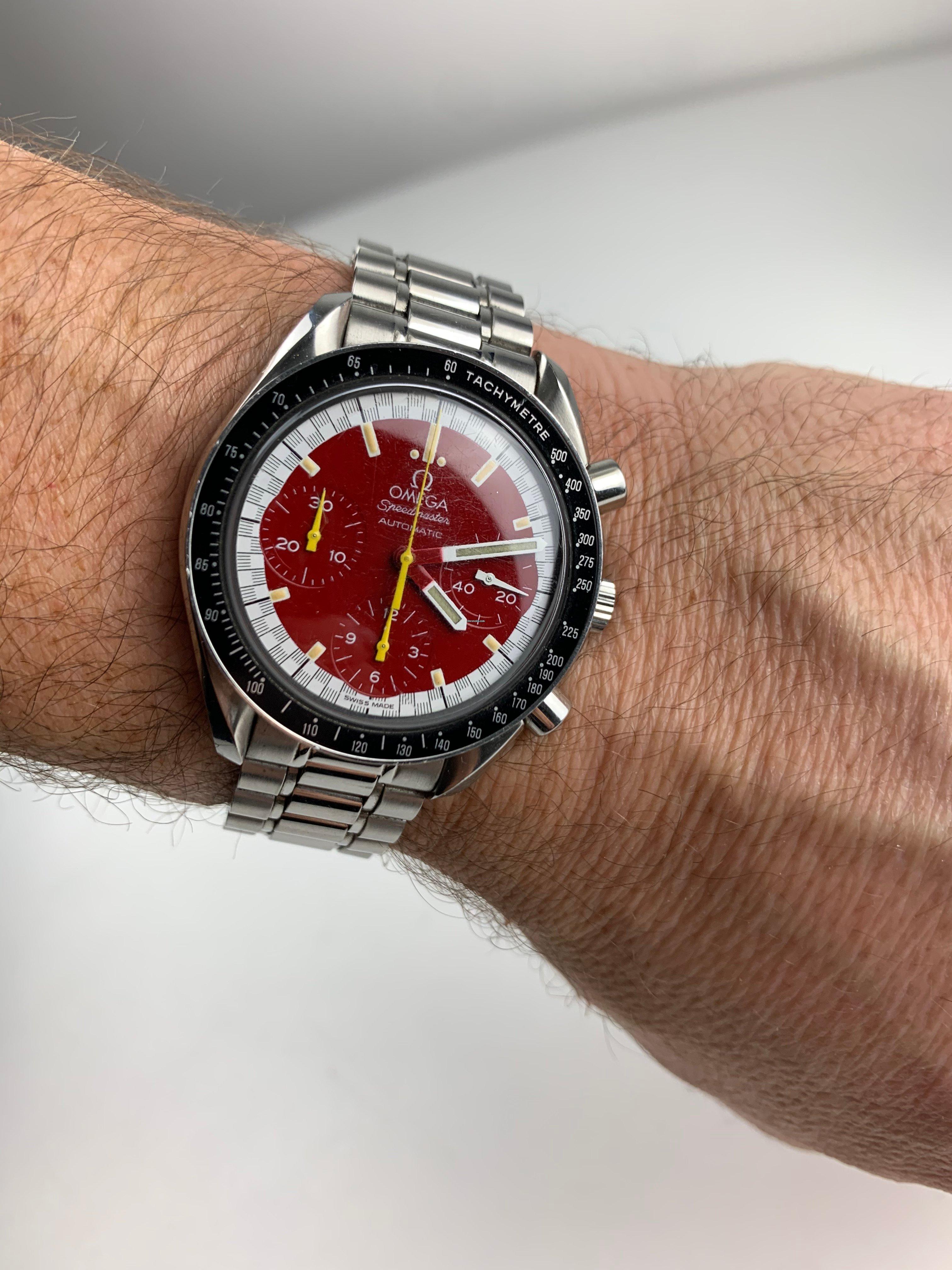 Original Omega Speedmaster Racing Red automatic steel Michael Schumacher Chronograph.
Full set box and papers.
39mm case diameter fold clasp.
In good condition.
Year of production 1996
Omega reference 3510.61.00
Location London, UK.
