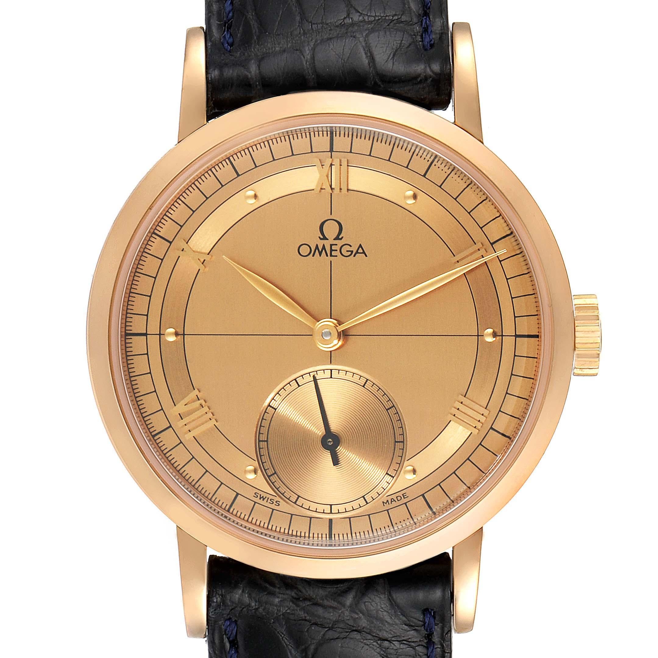 Omega Renaissance 1894 18k Rose Gold Limited Edition Herrenuhr 5950.30.03. Uhrwerk mit Handaufzug. Rundes Gehäuse aus 18 Karat Roségold mit einem Durchmesser von 36,0 mm. Gehäuseboden aus transperentem Saphirglas. Lünette aus 18 Karat Roségold.
