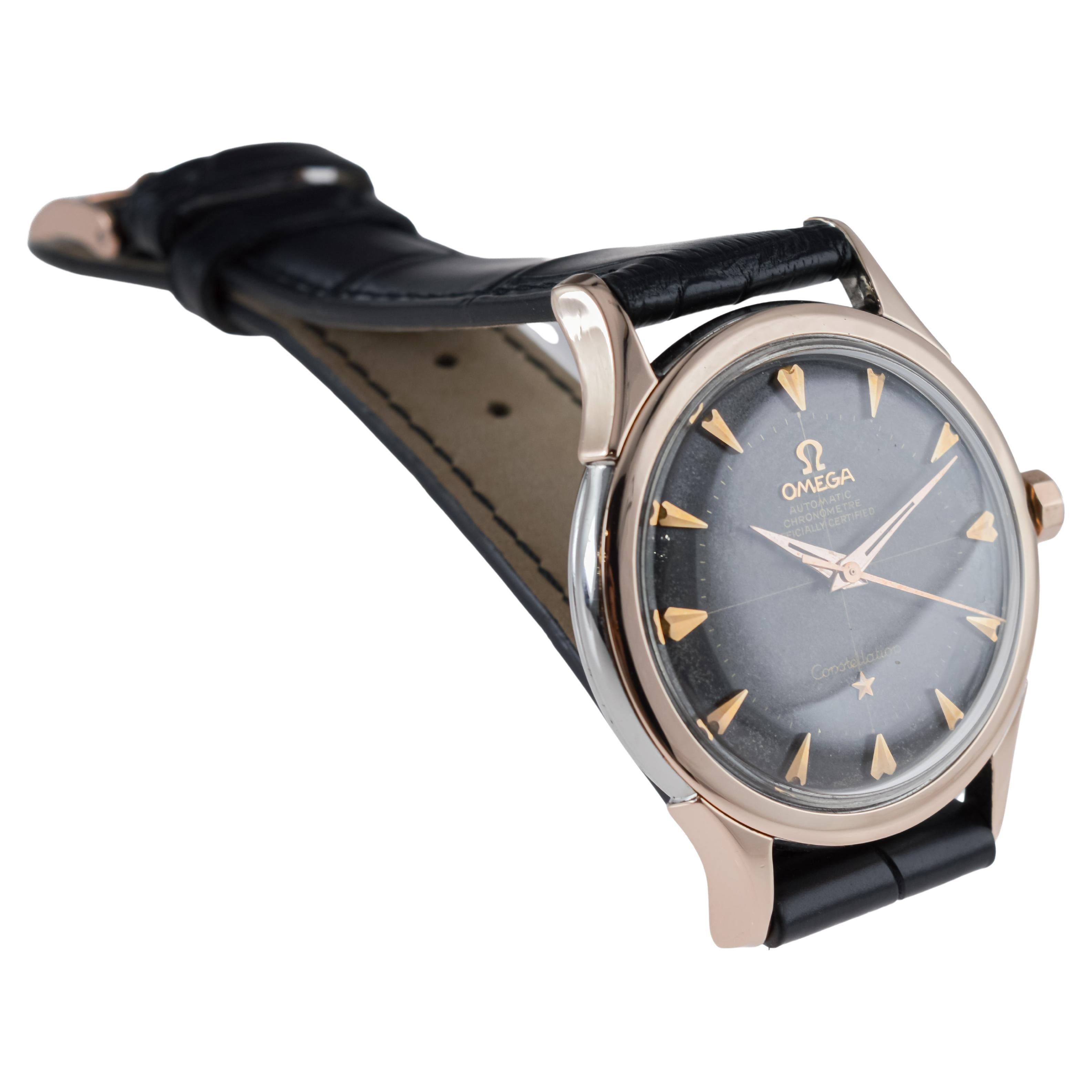 Omega Rose Gold and Steel Constellation with Original Black Dial from 1950's For Sale 5