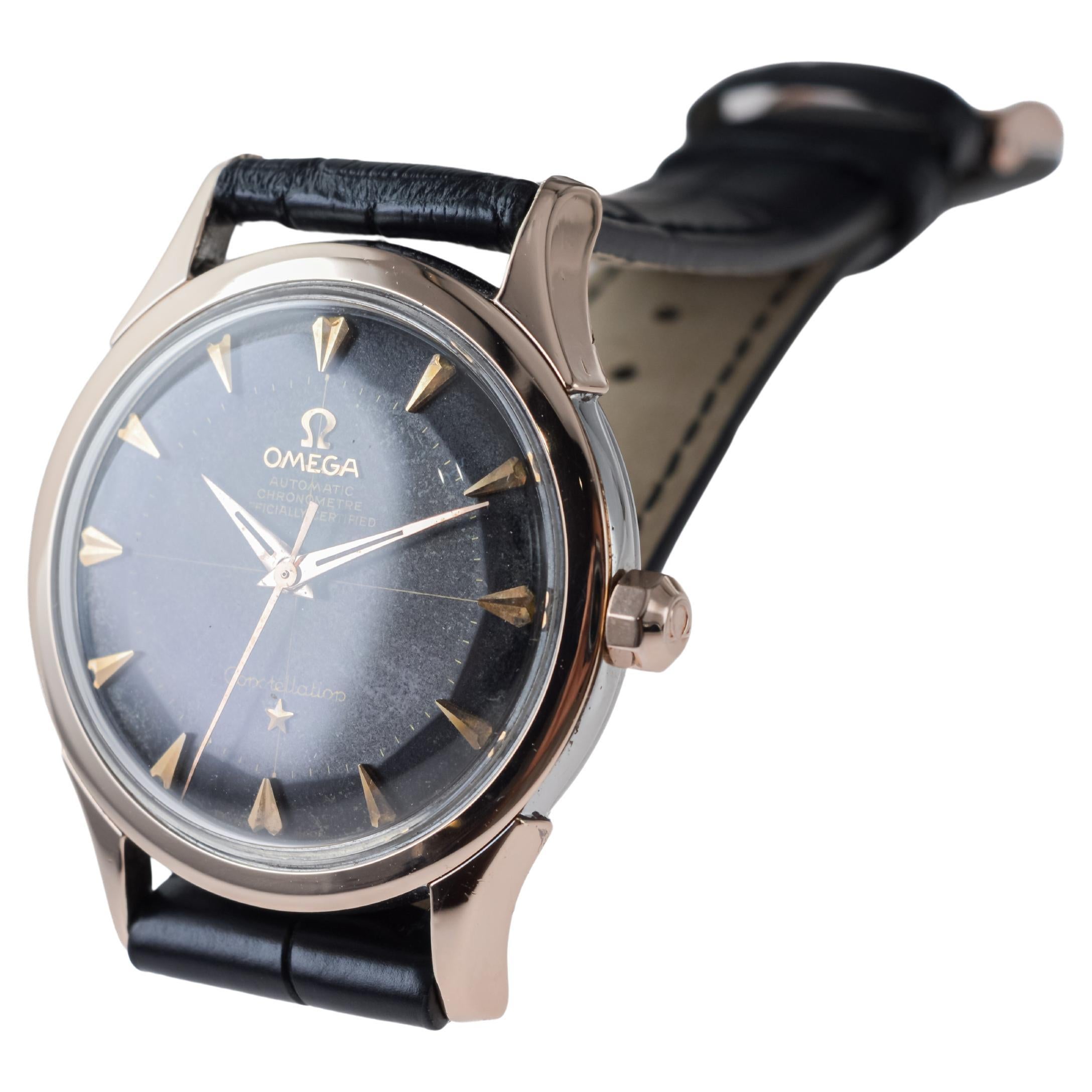Omega Rose Gold and Steel Constellation with Original Black Dial from 1950's For Sale 7
