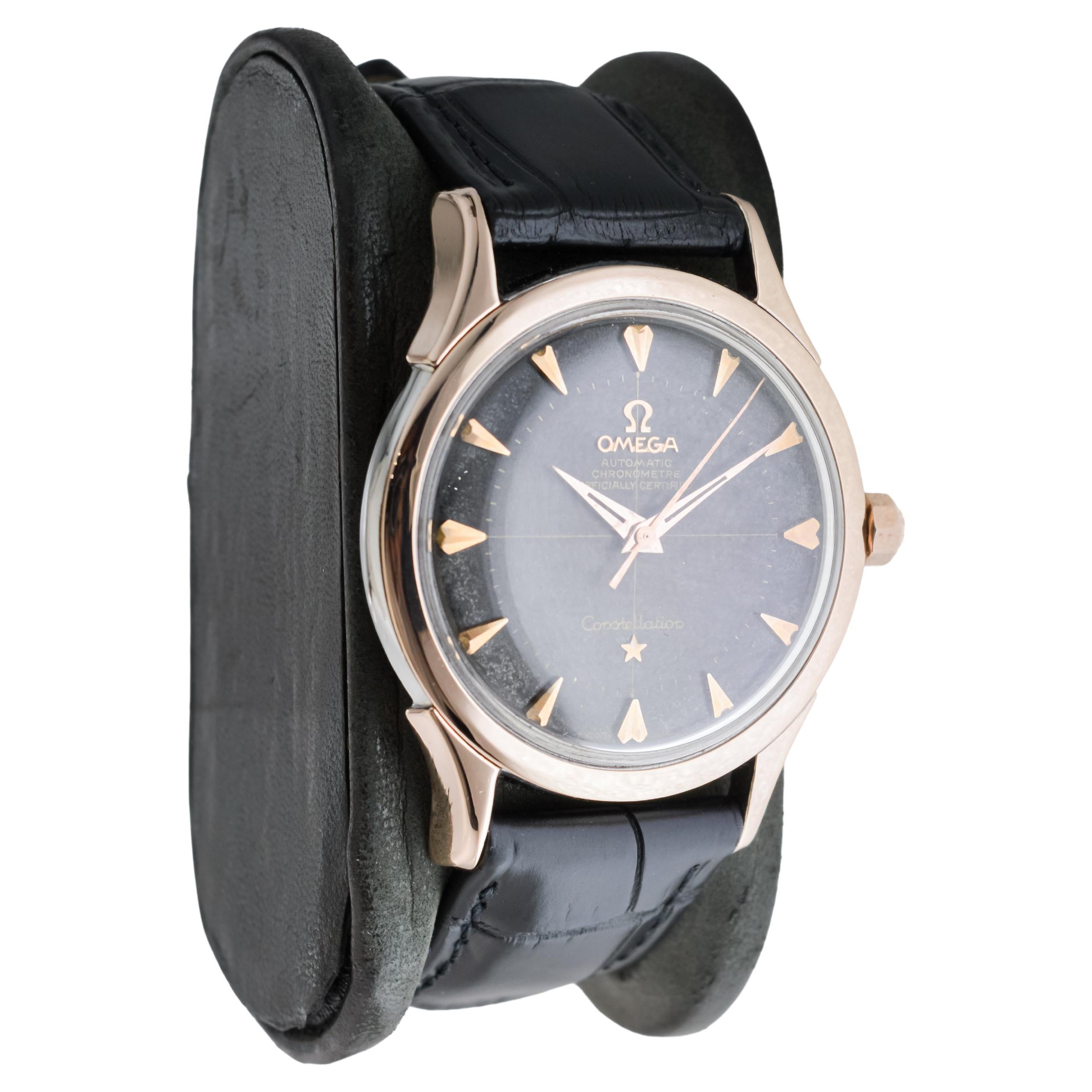 FACTORY / HOUSE: Omega Watch Company
STYLE / REFERENCE: Art Deco / Reference 2852-1
METAL / MATERIAL: 14Kt. Solid Gold and Steel  
CIRCA / YEAR: 1950 / 60's
DIMENSIONS / SIZE: Length 43mm X Diameter 35mm
MOVEMENT / CALIBER: Manual Winding / 24