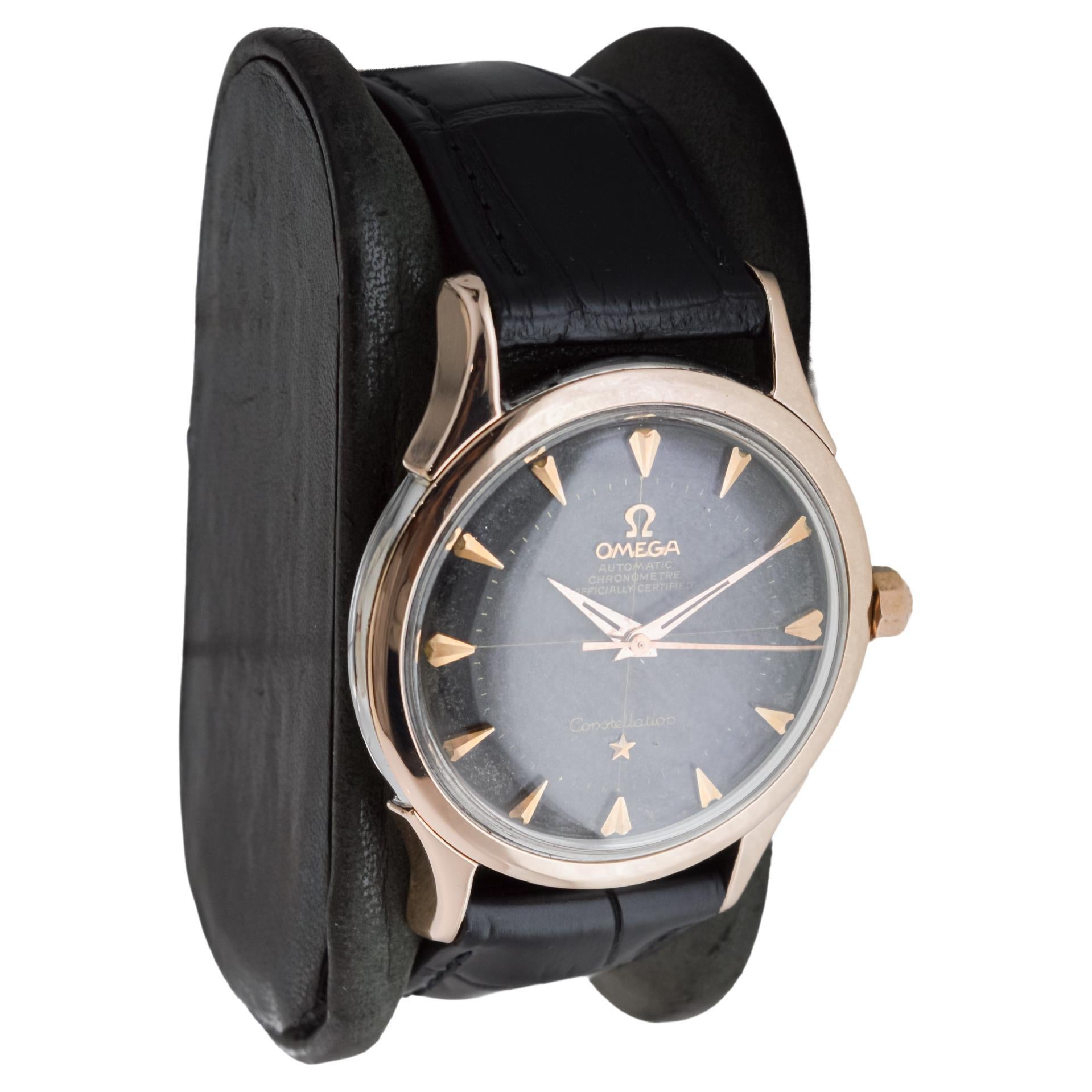 Art Deco Omega Rose Gold and Steel Constellation with Original Black Dial from 1950's For Sale