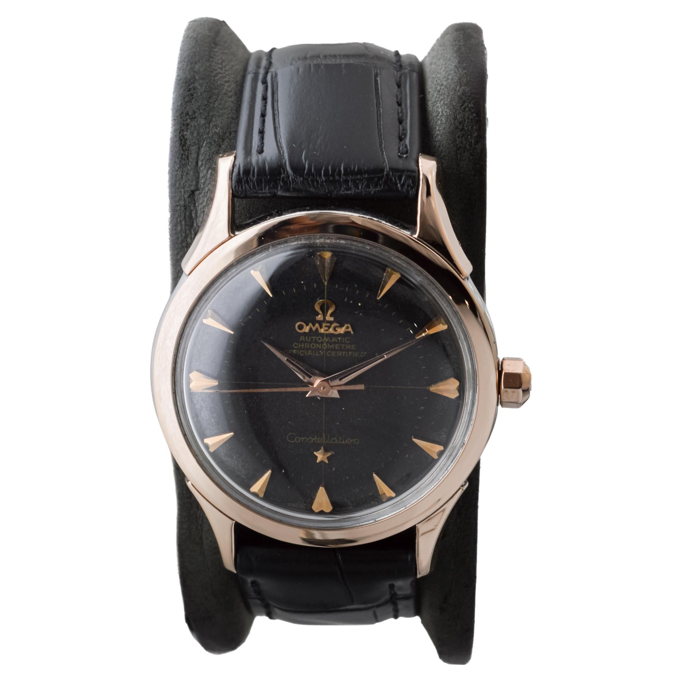 Omega Rose Gold and Steel Constellation with Original Black Dial from 1950's In Excellent Condition For Sale In Long Beach, CA