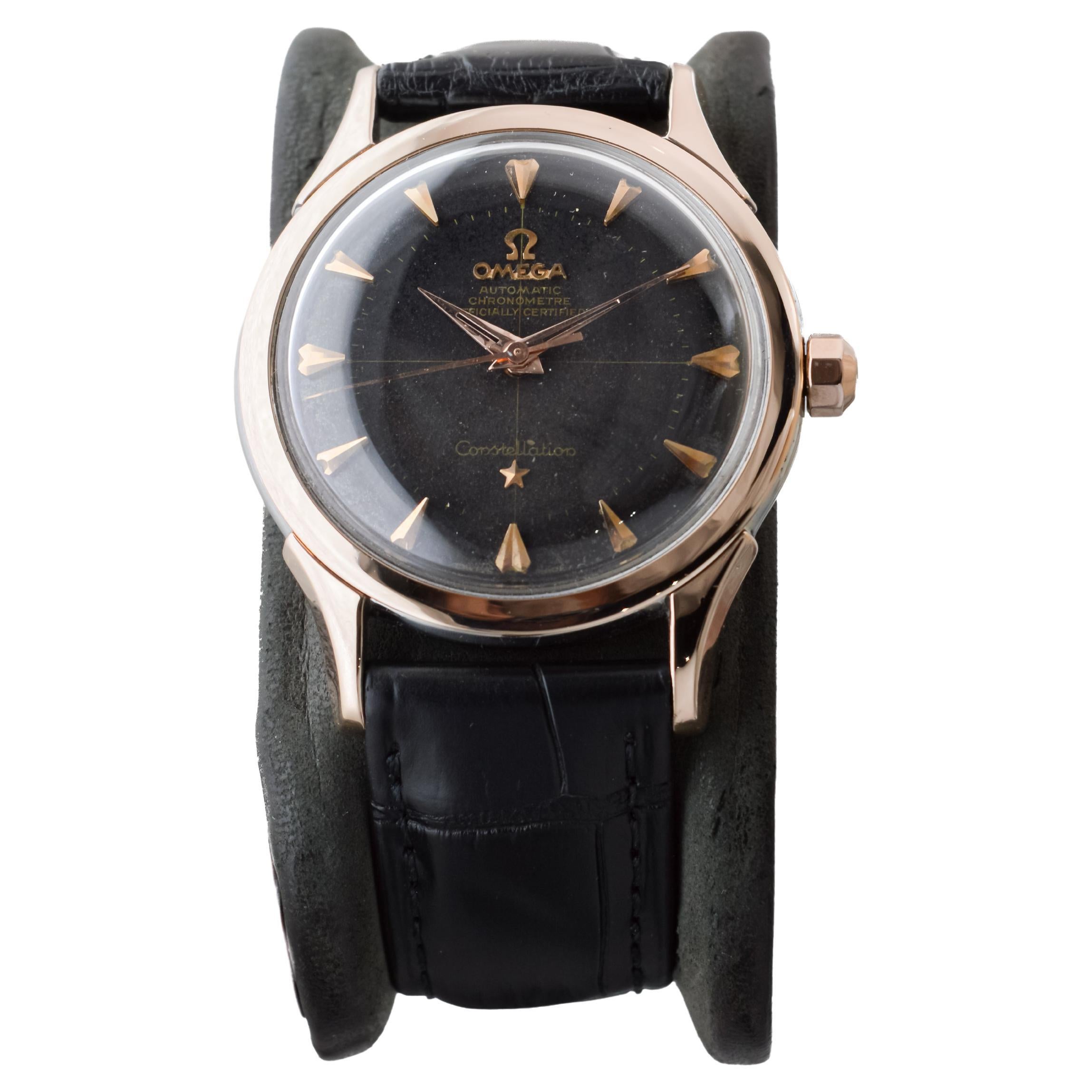 Women's or Men's Omega Rose Gold and Steel Constellation with Original Black Dial from 1950's For Sale