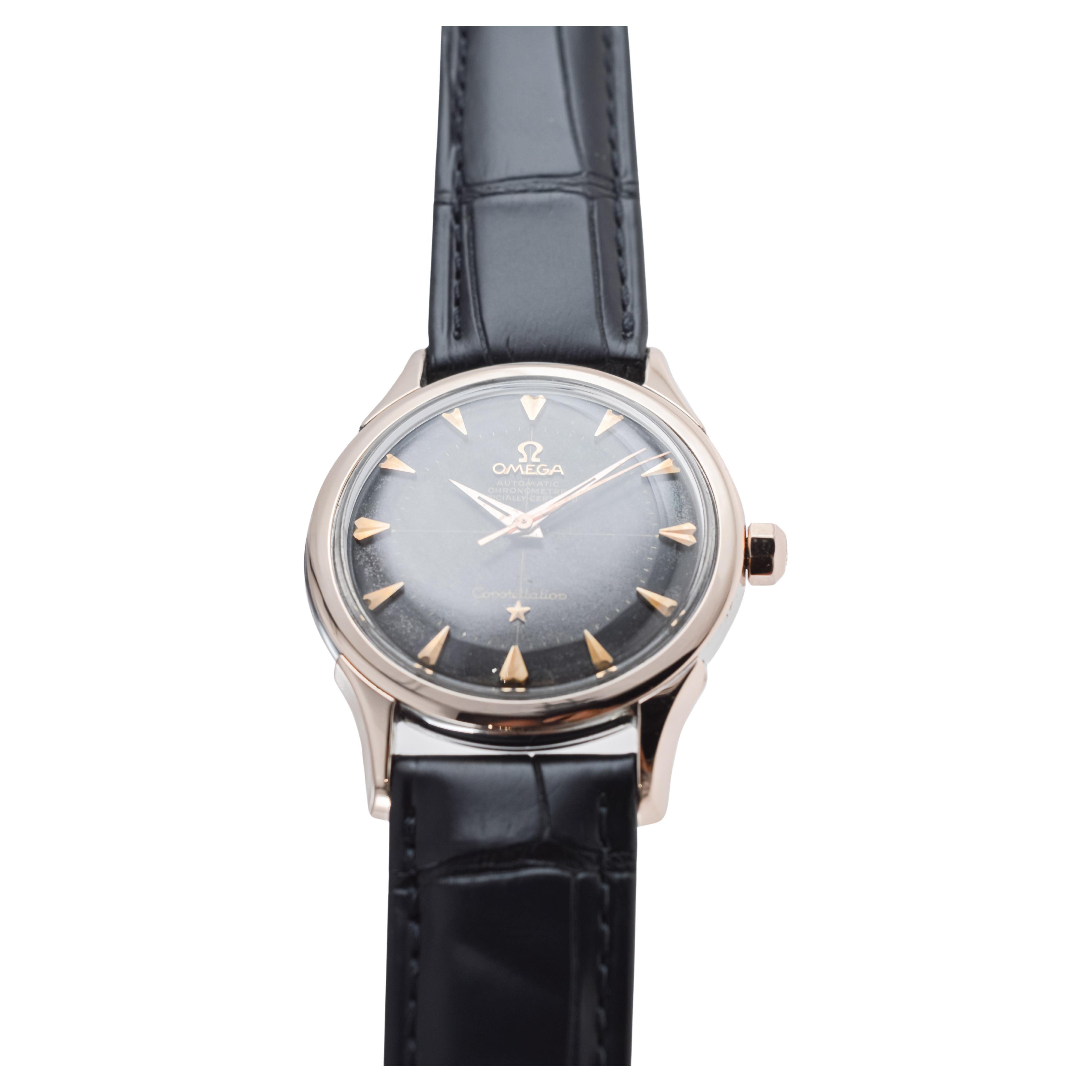 Omega Rose Gold and Steel Constellation with Original Black Dial from 1950's For Sale 4