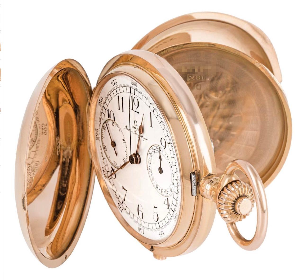 Omega Rose Gold Chronograph Keyless Lever Full Hunter Pocket Watch C1900 In Good Condition In London, GB