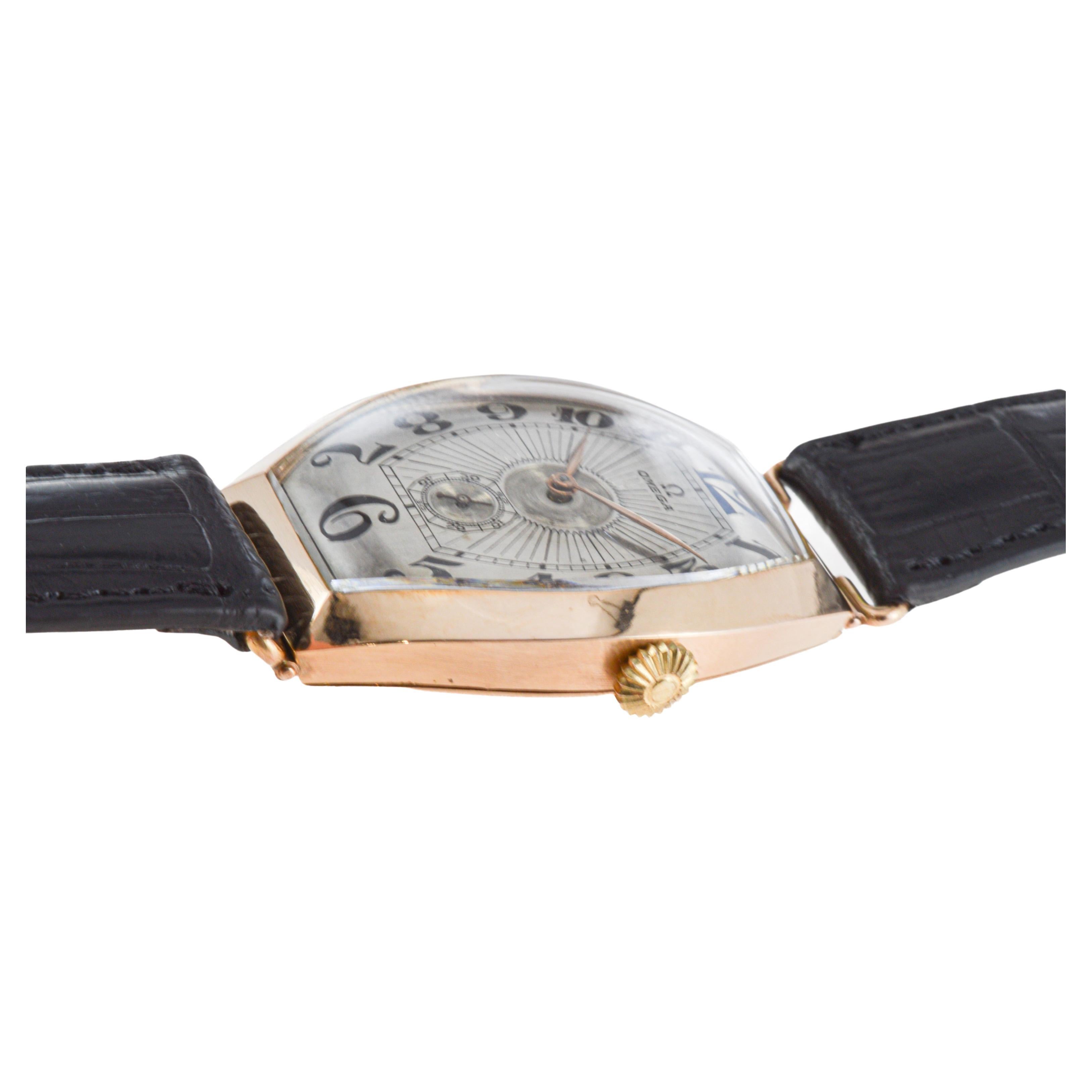 Omega Rose Gold Oversized Tonneau with Original Kiln Fired Enamel Print dial For Sale 5