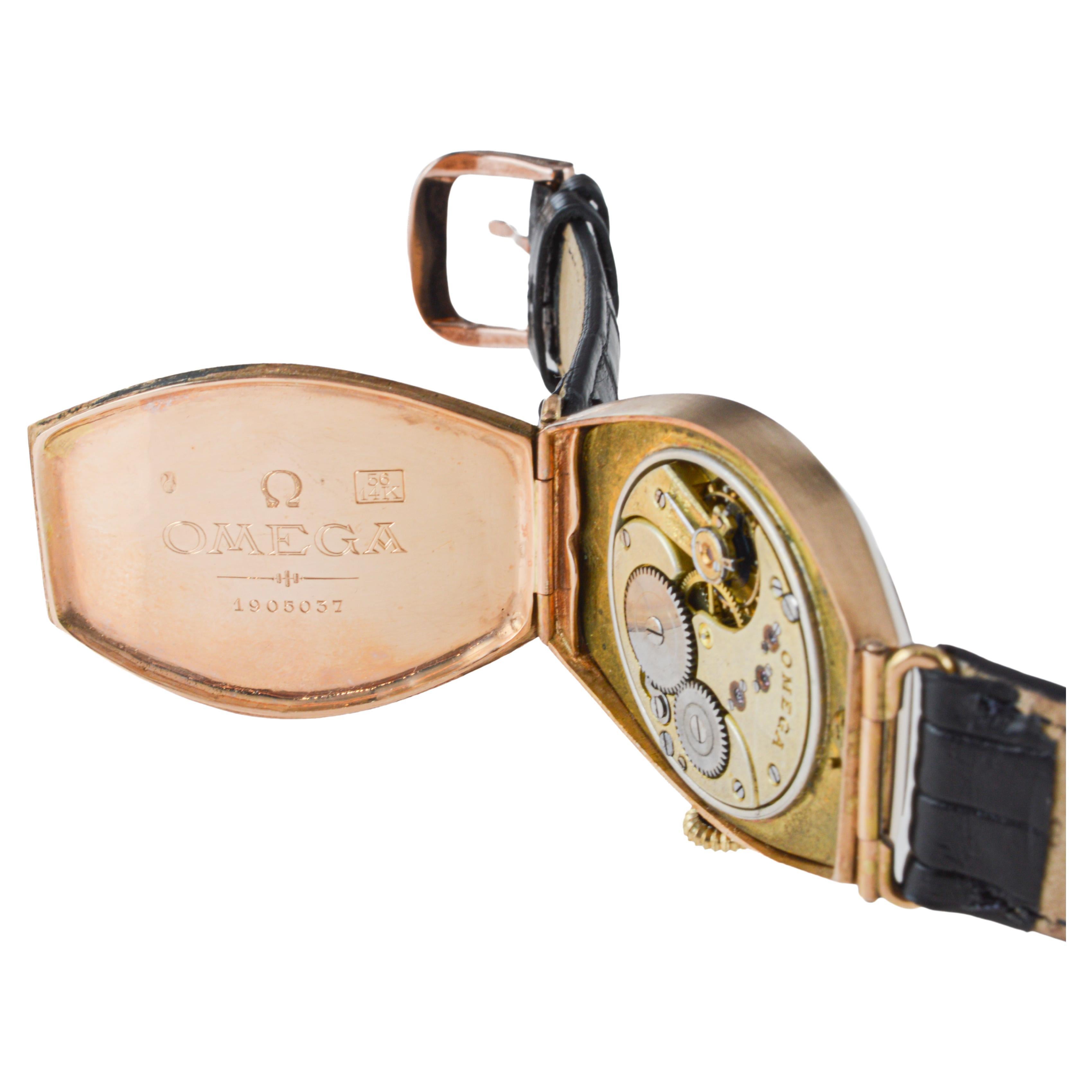 Omega Rose Gold Oversized Tonneau with Original Kiln Fired Enamel Print dial For Sale 8