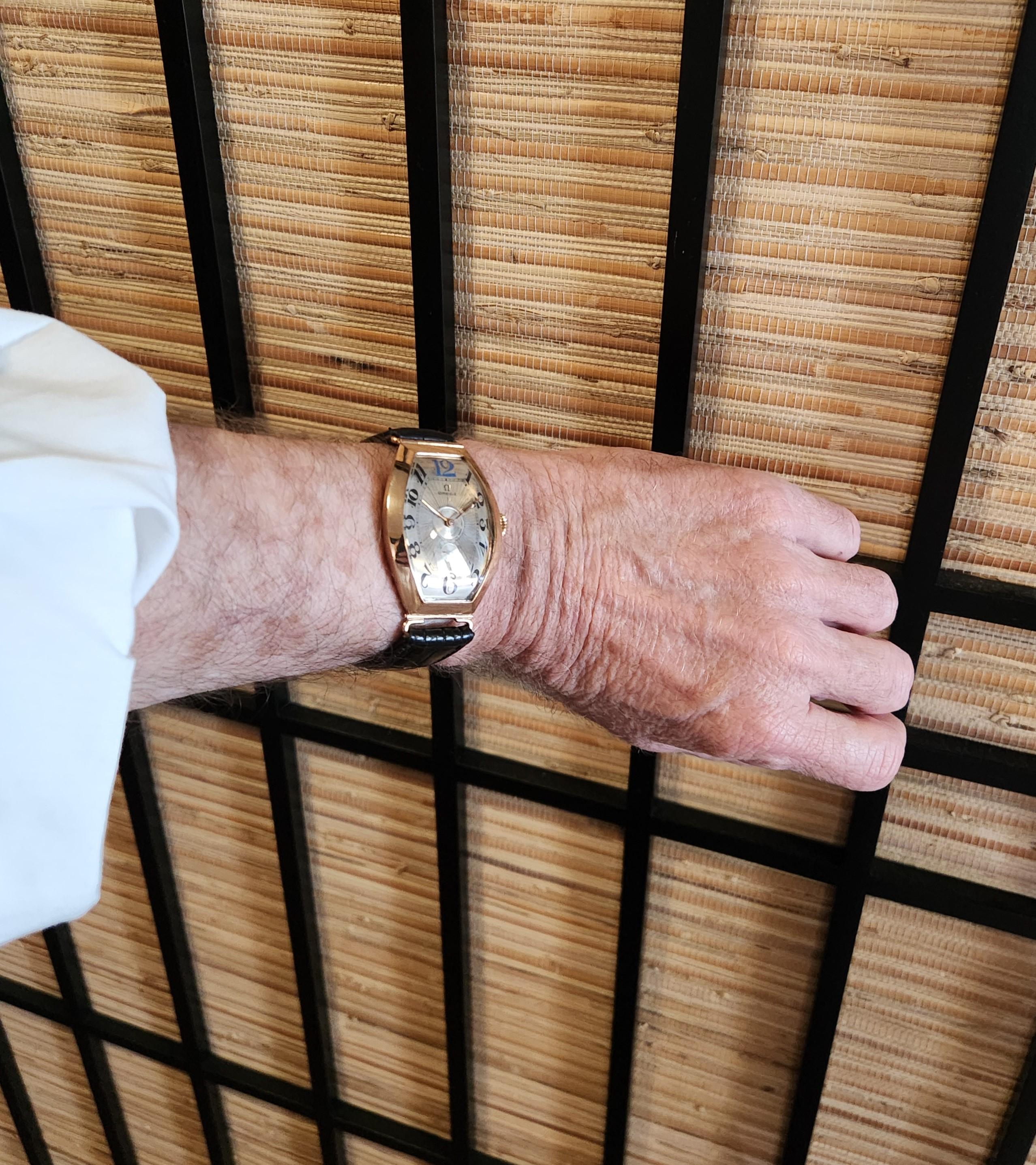 Omega Rose Gold Oversized Tonneau with Original Kiln Fired Enamel Print dial For Sale 11