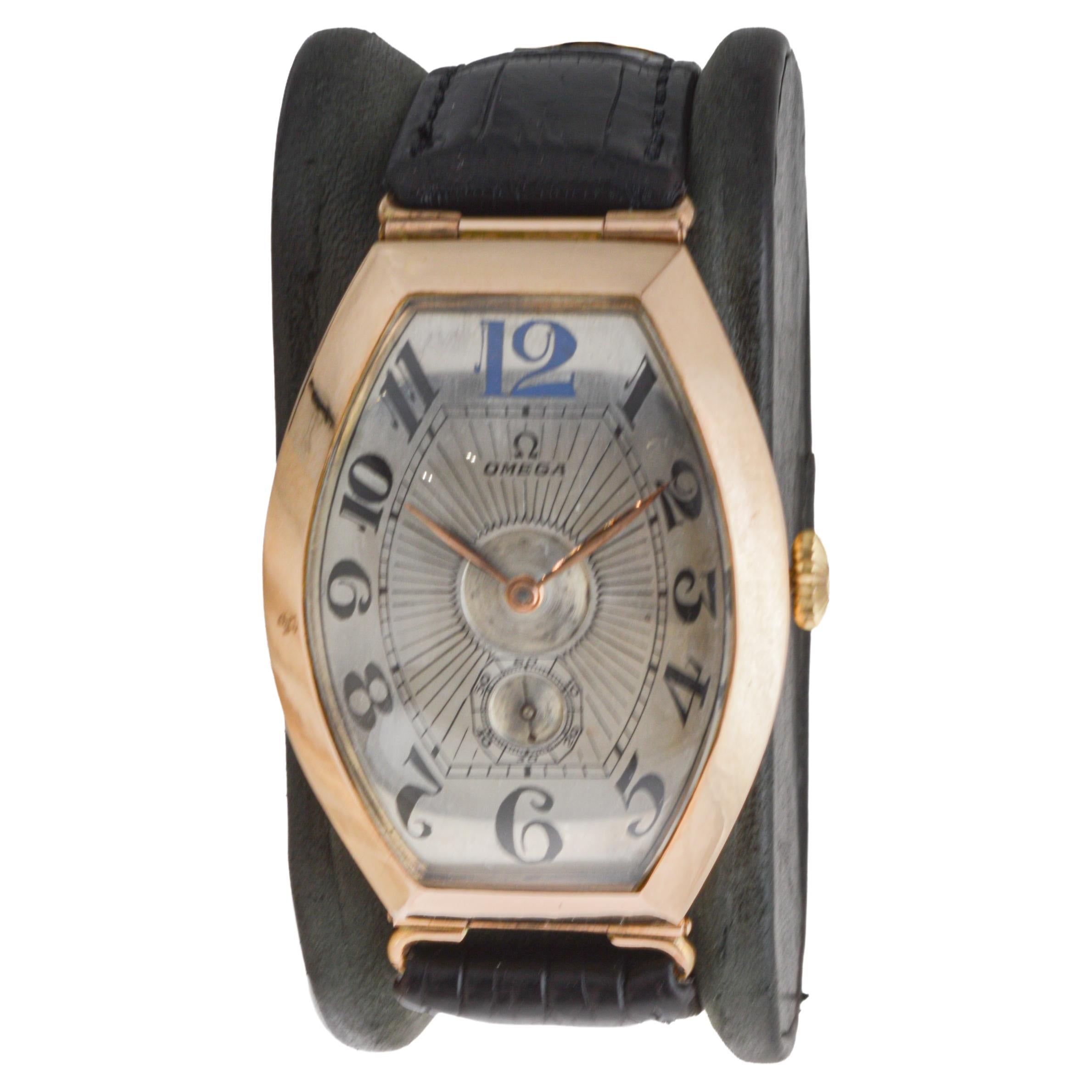 Art Deco Omega Rose Gold Oversized Tonneau with Original Kiln Fired Enamel Print dial For Sale