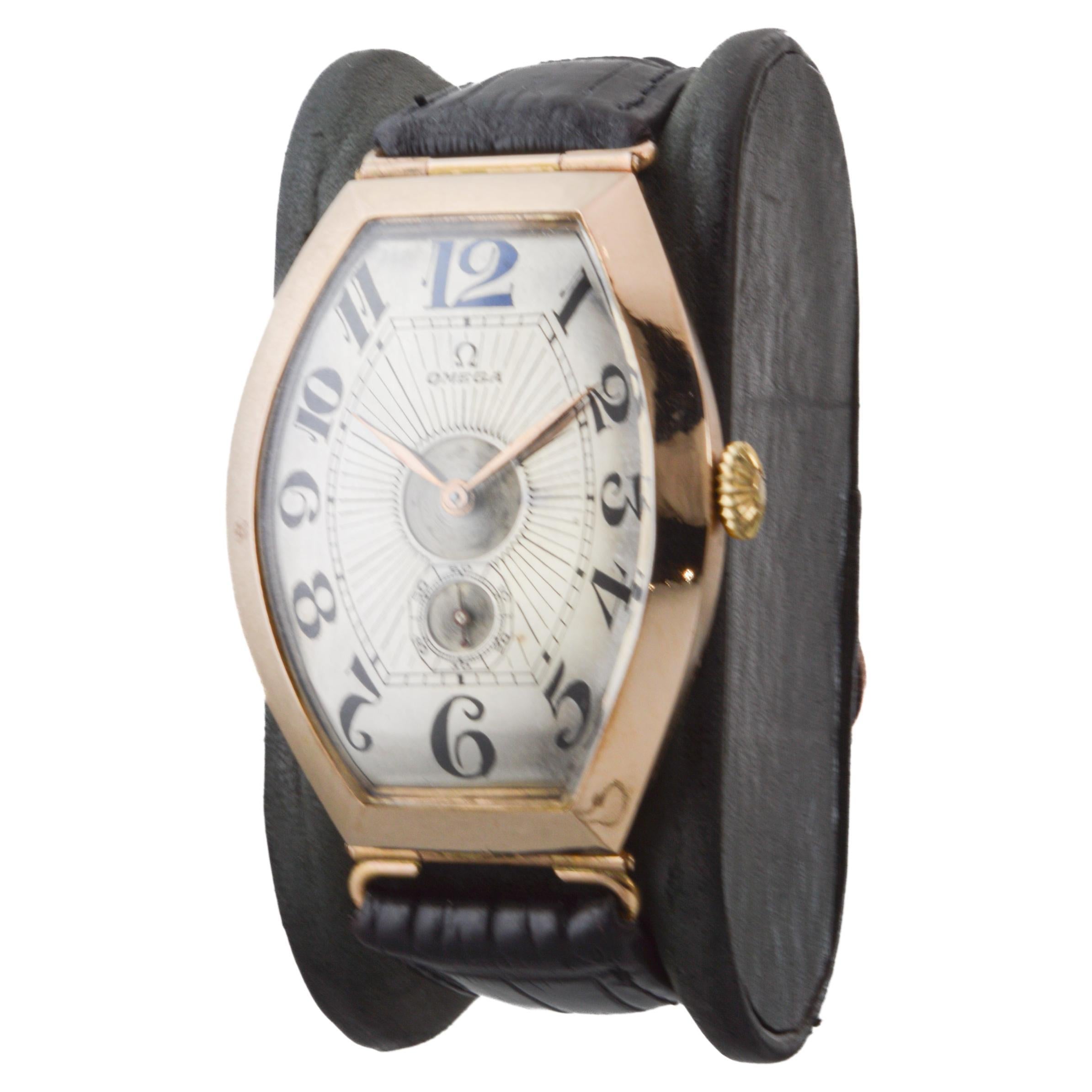 Omega Rose Gold Oversized Tonneau with Original Kiln Fired Enamel Print dial In Excellent Condition For Sale In Long Beach, CA