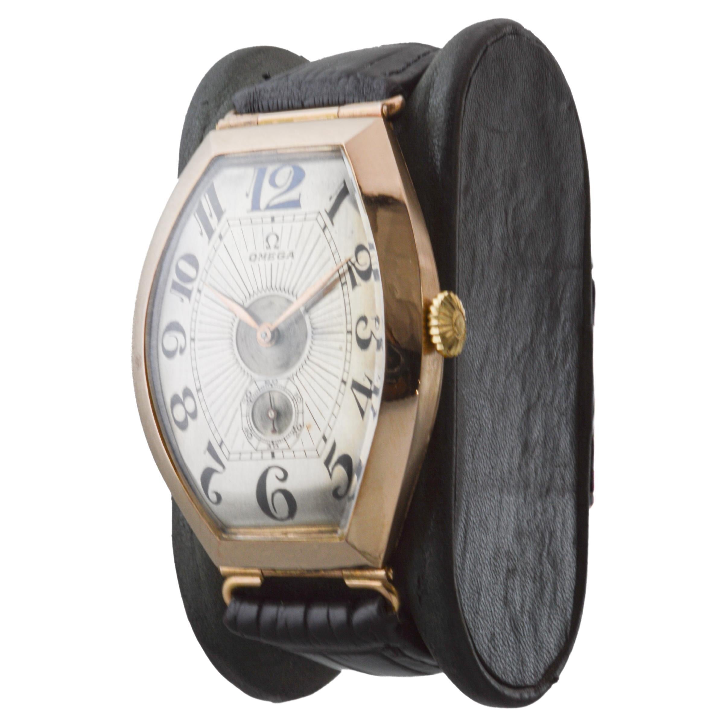 Women's or Men's Omega Rose Gold Oversized Tonneau with Original Kiln Fired Enamel Print dial For Sale