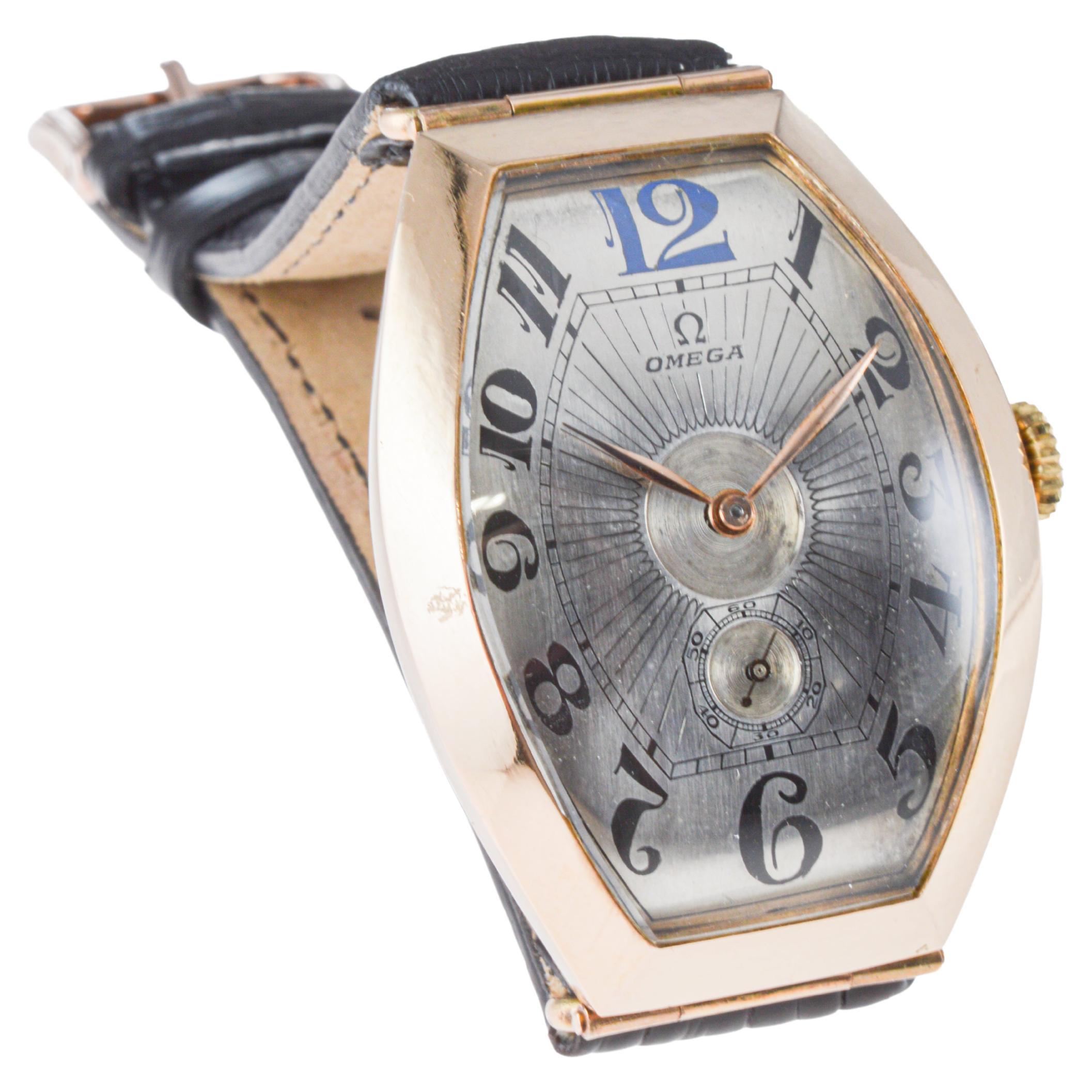 Omega Rose Gold Oversized Tonneau with Original Kiln Fired Enamel Print dial For Sale 1