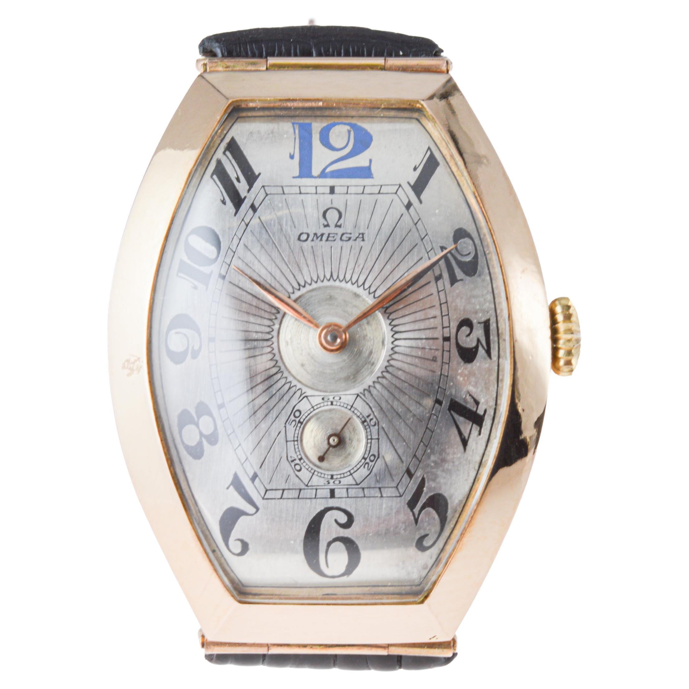 Omega Rose Gold Oversized Tonneau with Original Kiln Fired Enamel Print dial For Sale 2