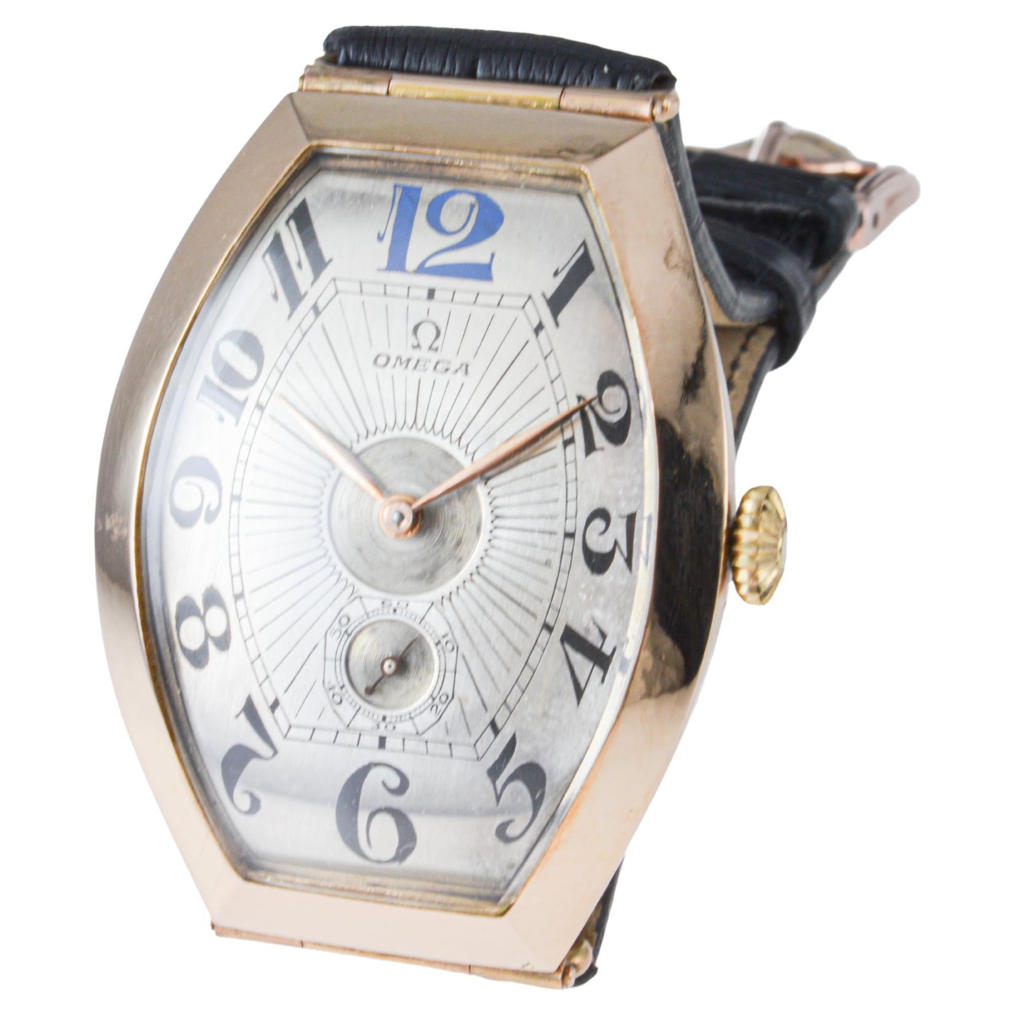 Omega Rose Gold Oversized Tonneau with Original Kiln Fired Enamel Print dial For Sale 3