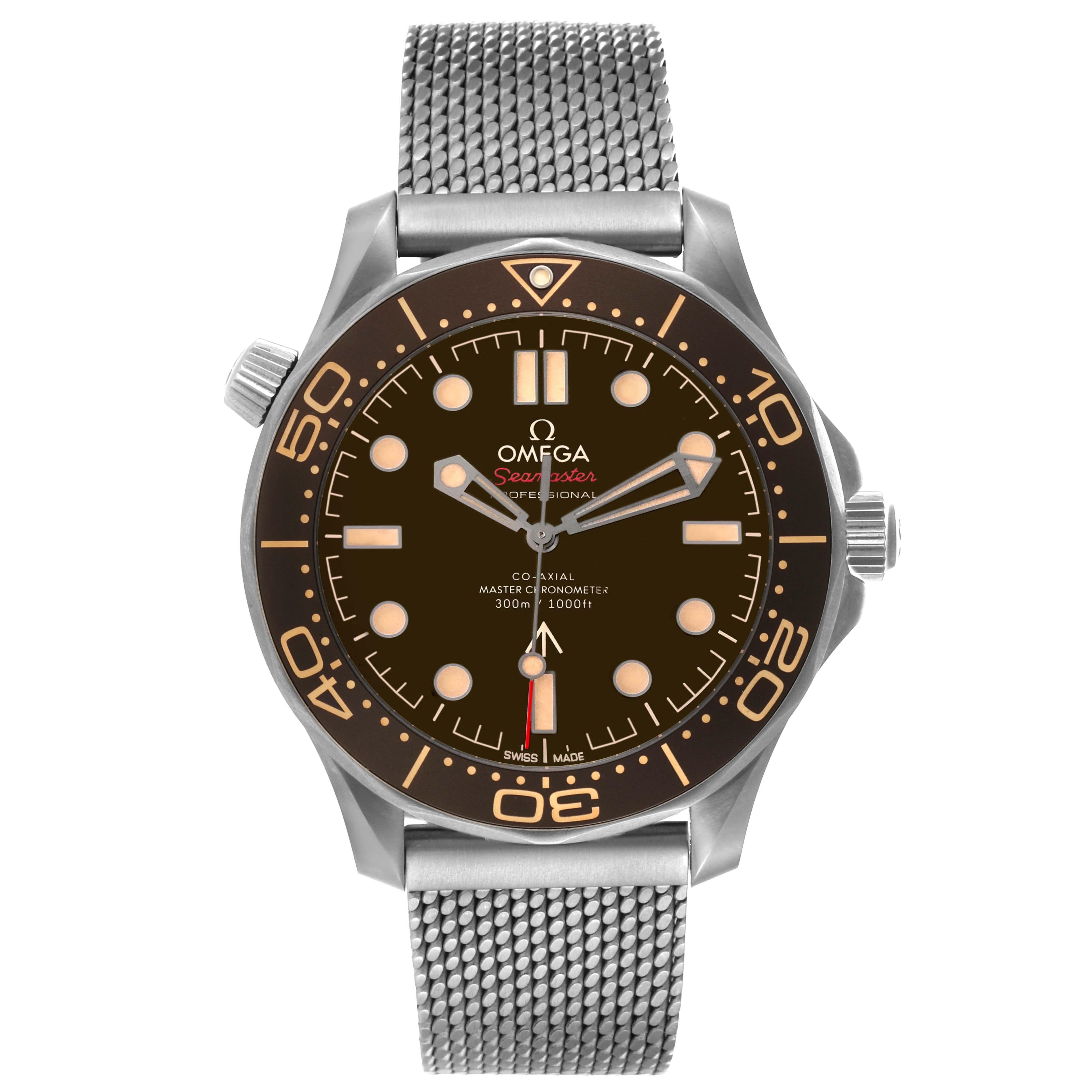 Omega Seamaster 007 Edition Titanium Mens Watch 210.90.42.20.01.001 Card. Automatic self-winding movement. Titanium round case 42.0 mm in diameter. Brown unidirectional rotating bezel. Scratch resistant sapphire crystal. Matte tropical brown
