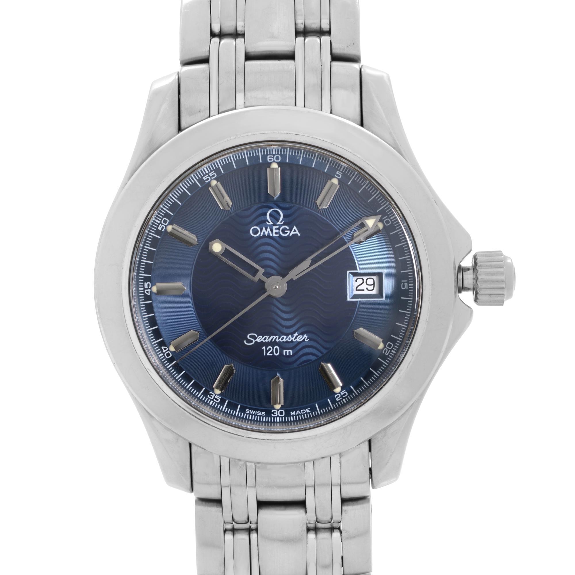 Pre-owned Vintage Omega Seamaster 120 36mm Steel Blue Dial Mens Quartz Watch 2511.81.00.  The Watch Shows Signs Wear. This Beautiful Timepiece is Powered by a Quartz (Battery) Movement and Features: Stainless Steel Case & Bracelet, Fixed Stainless