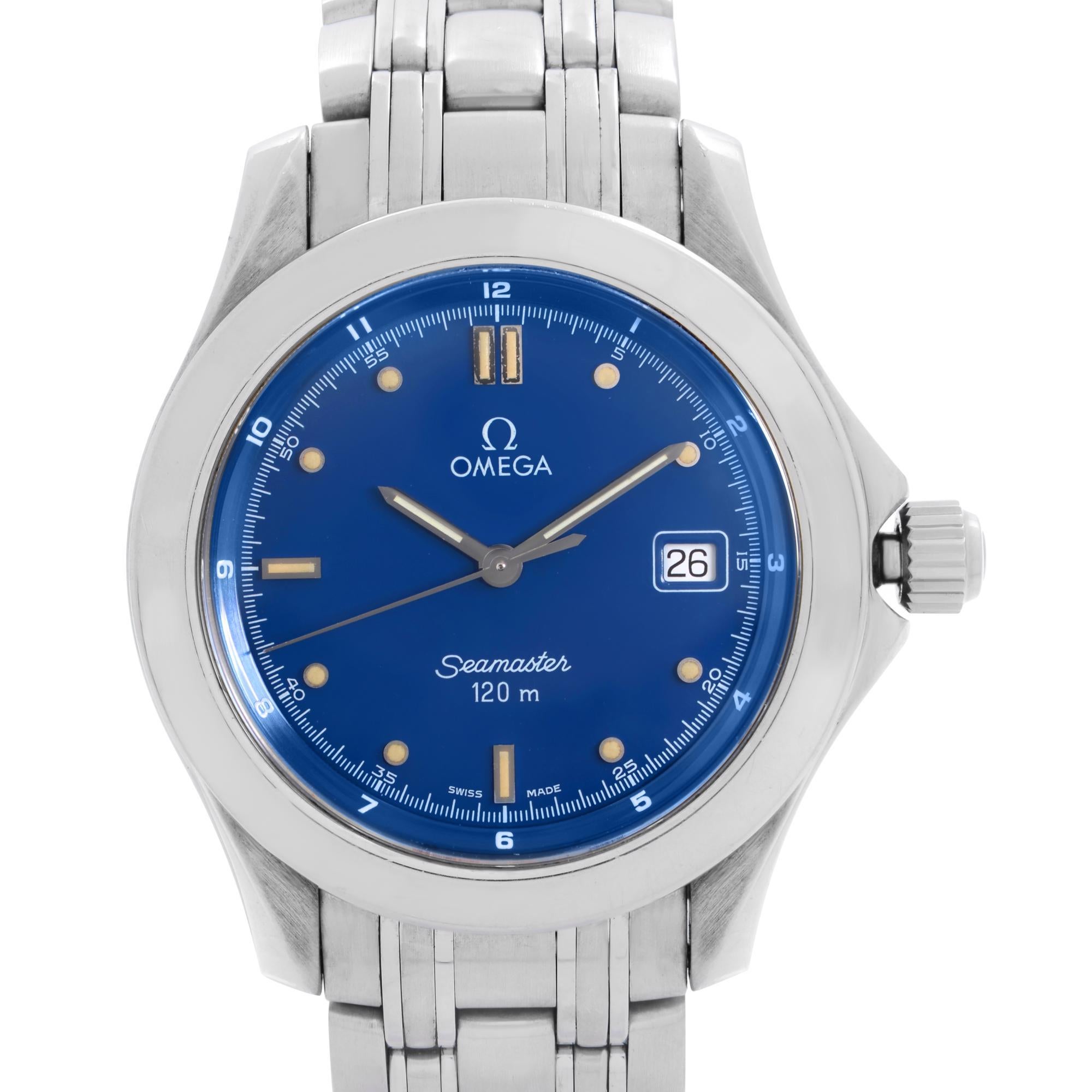 Pre-owned Vintage Omega Seamaster 120 36mm Steel Blue Dial Men's Quartz Watch 2511.80.00. Flat The Watch Shows Signs Wear. This Beautiful Timepiece is Powered by a Quartz (Battery) Movement and Features: Stainless Steel Case & Bracelet, Fixed