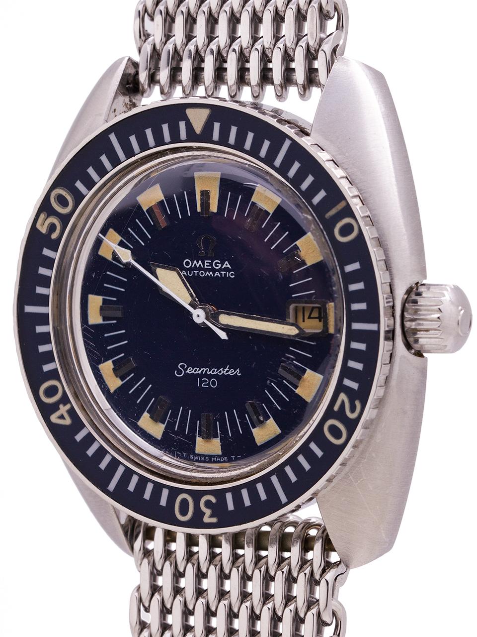
Scarce and beautiful condition example Omega Seamaster 120 ref 166.073 stainless steel diver’s model with movement serial # 30.3 million circa 1970. Heavy cushion shaped 43 X 46mm case with original wide rotating dark blue elapsed time bezel,