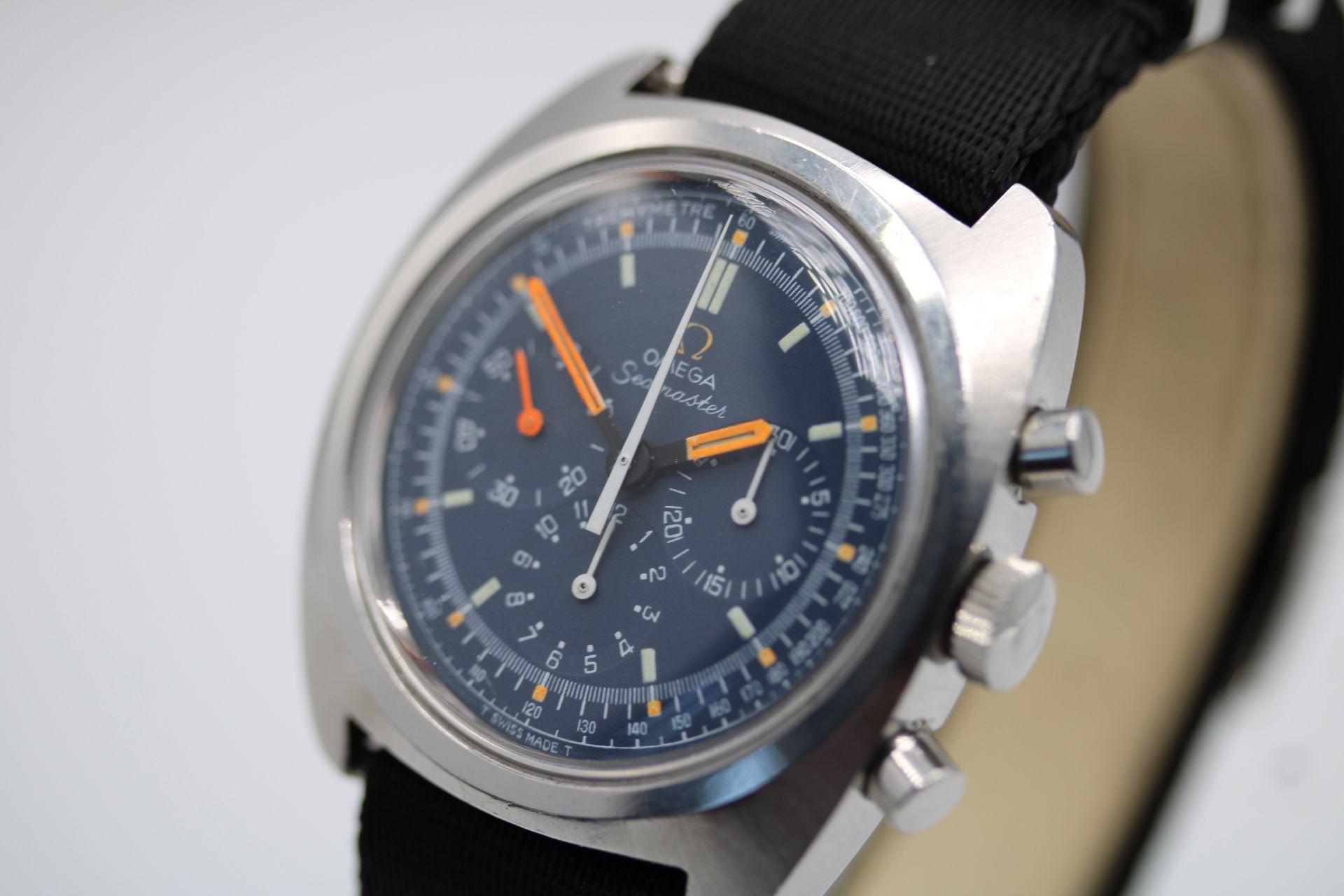 An Omega Seamaster Chronograph in the style of the iconic Speedmaster Moon watch, rare to find in any condition and any configuration but almost certainly the hardest one to find in blue with the orange hour pointers and hands.

Operating from the