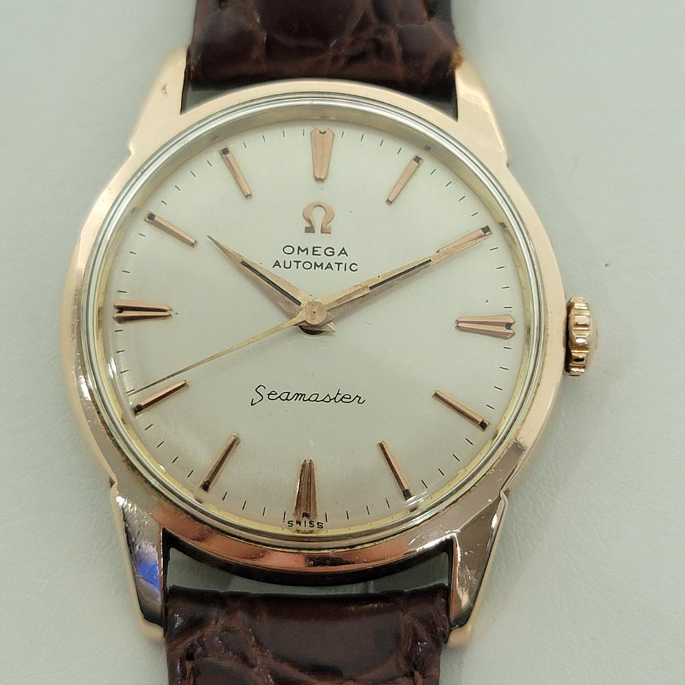 Timeless elegance, Men's Omega Seamaster 14704 SC red gold capped automatic, c.1960, in excellent working condition. Verified authentic by a master watchmaker. Gorgeous Omega signed dial, applied index hour markers, gilt minute and hour dauphine