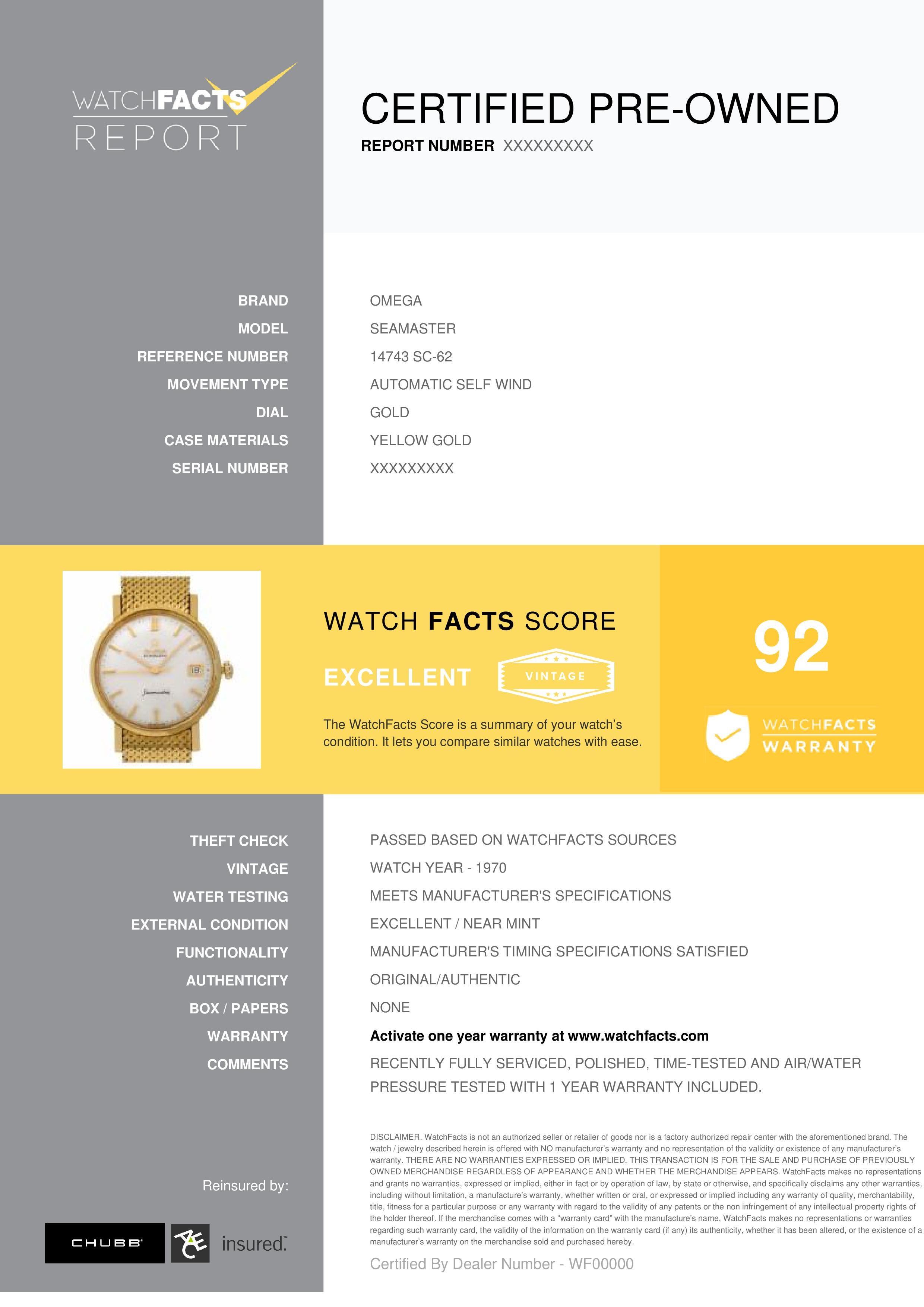 Omega Seamaster Referenz #: 14743 SC-62. Herren-Automatikuhr Gelbgold Gold 34 MM. Geprüft und zertifiziert von WatchFacts. 1 Jahr Garantie:: angeboten von WatchFacts