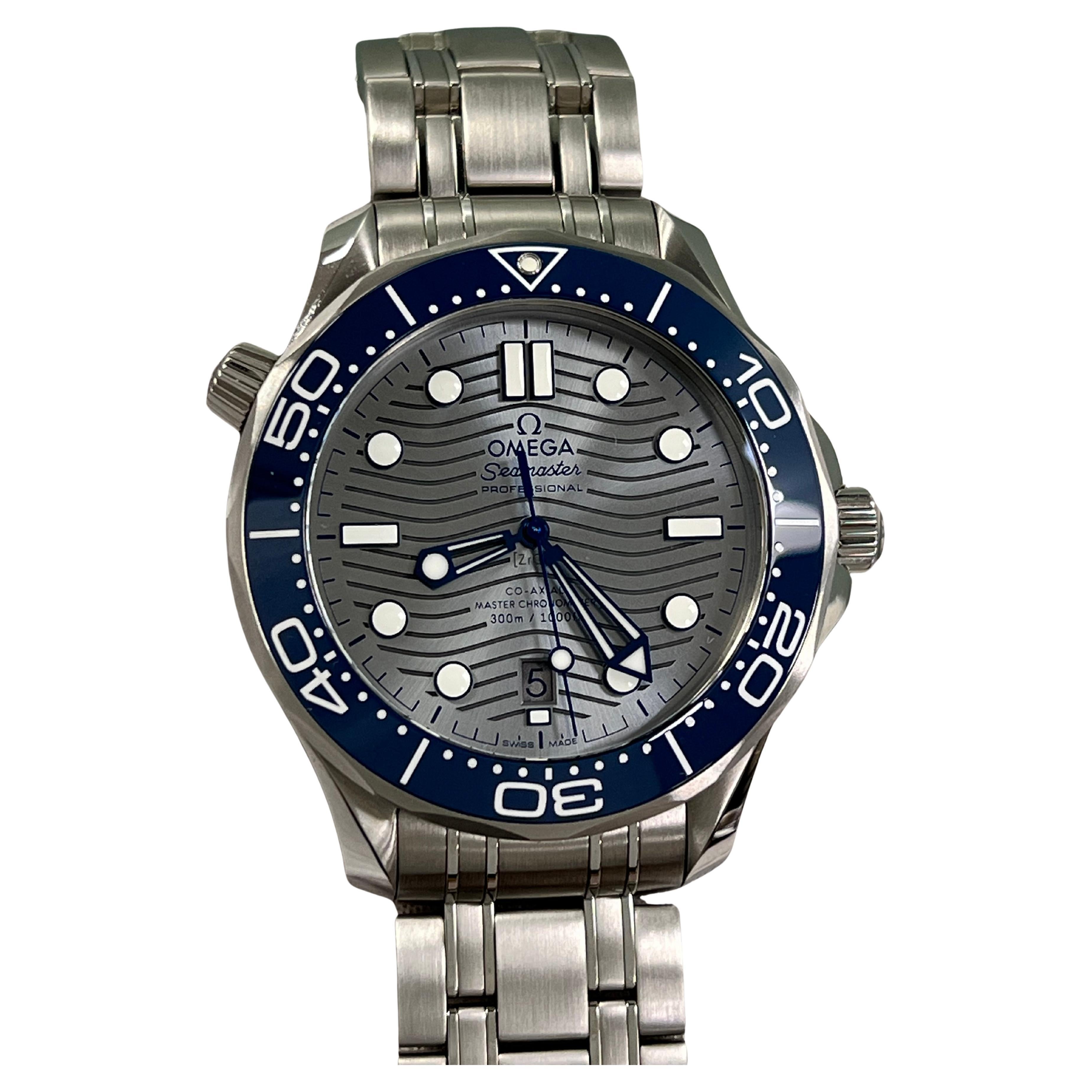 Omega Seamaster 210.30.42.20.06.001 Ceramic Blue Bezel Grey Dial Steel Box Paper
