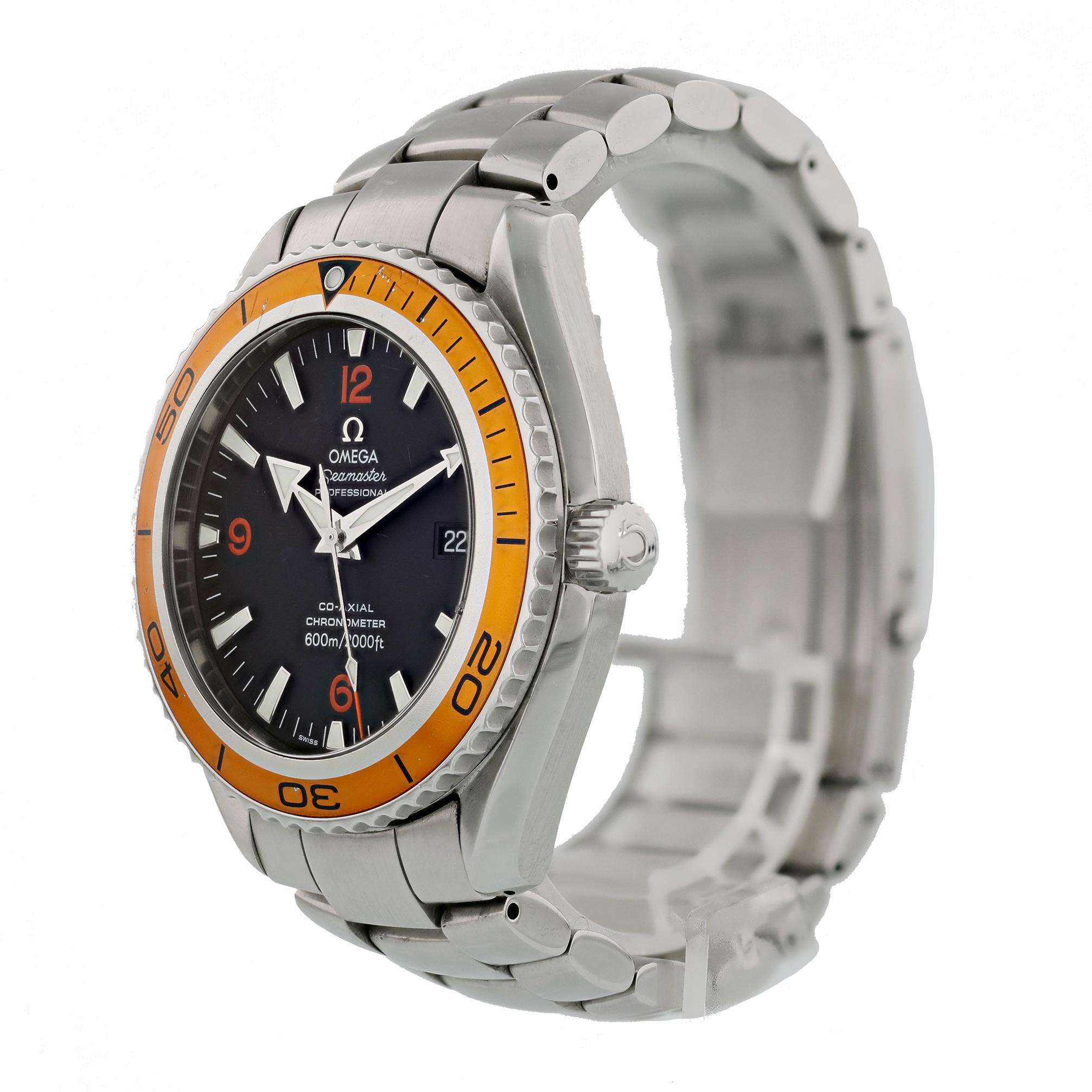 Omega Seamaster Planet Ocean 2209.50.00 Mens Watch. 
42mm stainless steel case. 
Stainless steel unidirectional rotating bezel with Orange bezel insert. 
Helium escape valve at 10 o'clock position. 
Black dial with luminous steel hands and index