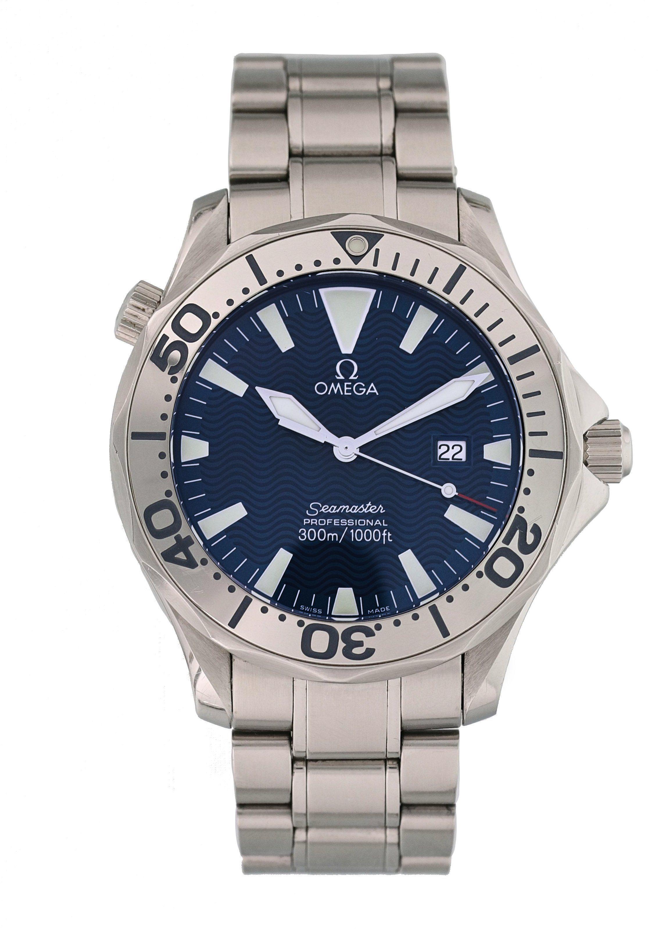 Omega Seamaster Professional 2265.80.00Men's Watch.
41mm Stainless Steel case with a Unidirectional rotating bezel. 
Stainless Steel bezel with Arabic numeral markers.
Electric Blue dial with luminous steel hands and markers.
Date display at the 3